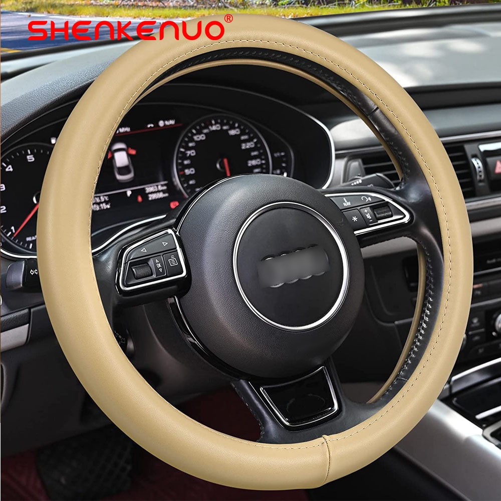 Beige New SKN Leather Steering Wheel Cover Wrap Sew-on 38CM DIY Kit For All Car