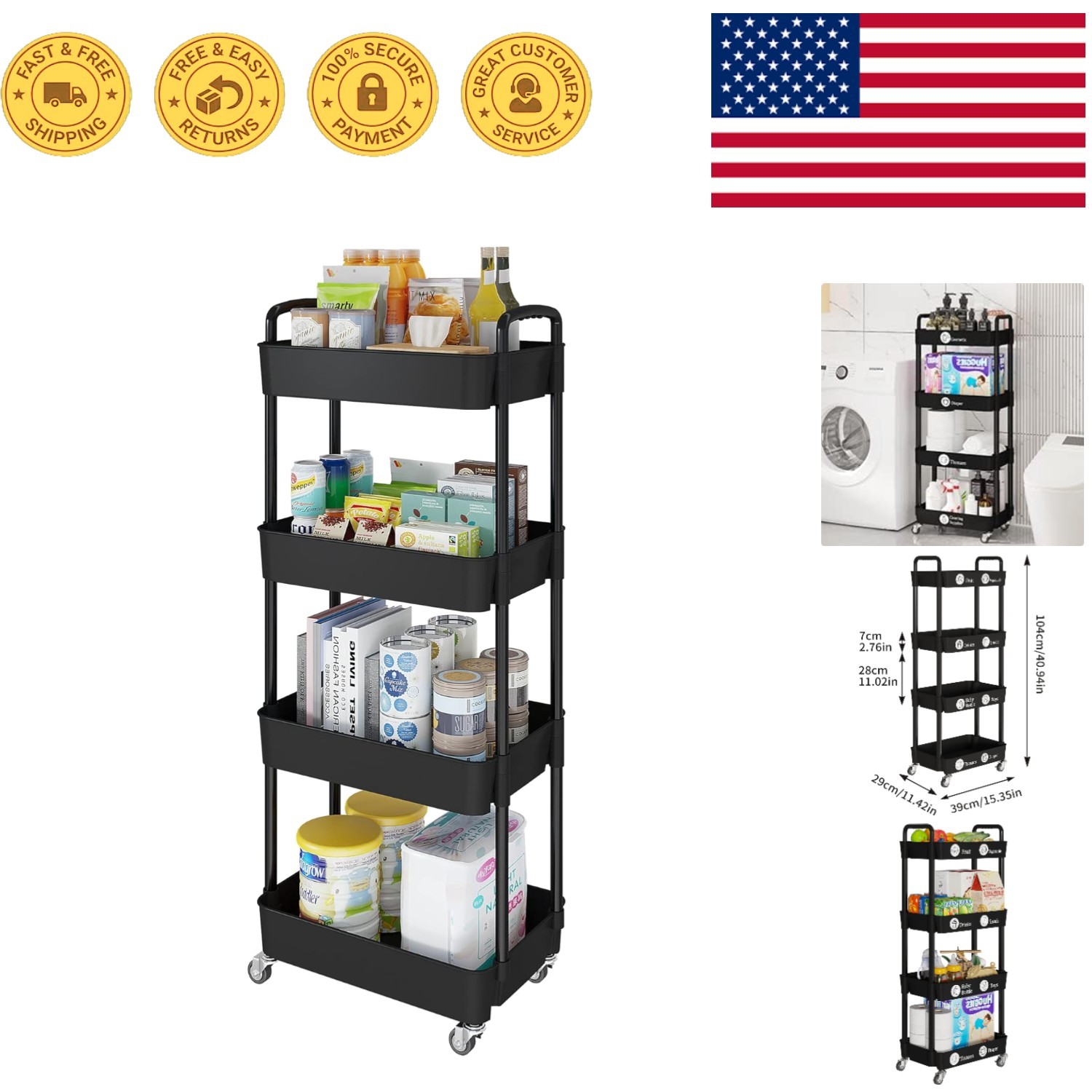 Compact 4-Tier Rolling Cart with Classification Stickers - Effortless Storage