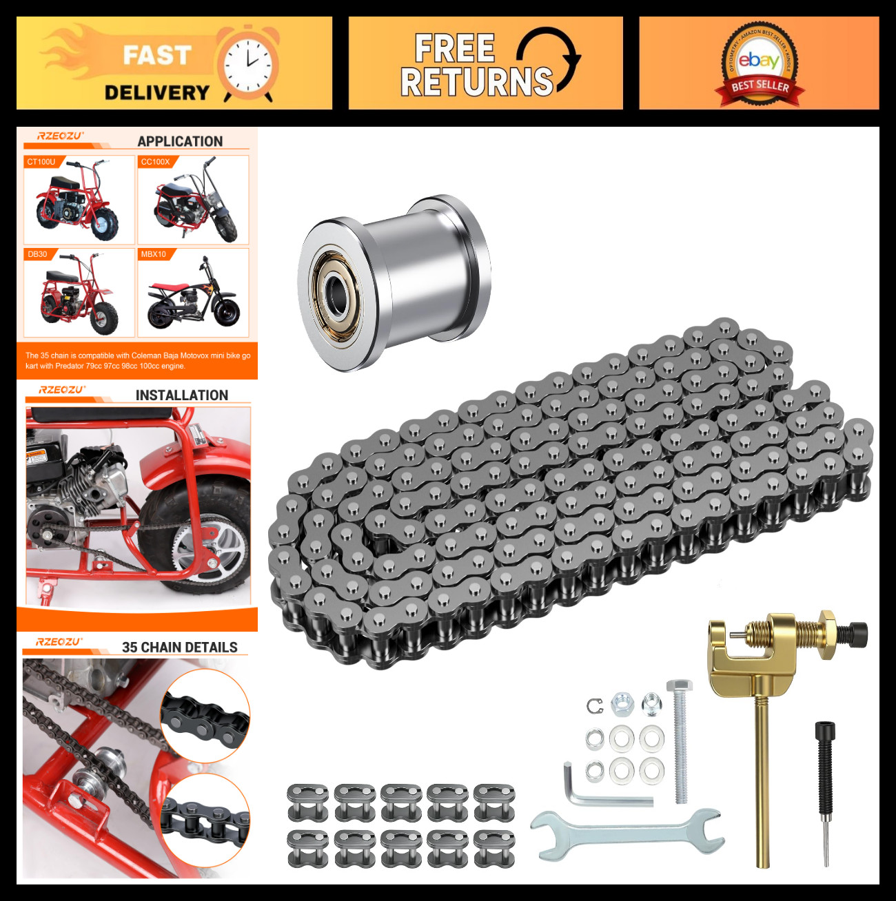 Mini Bike Chain 35, 140 Links, Tensioner for Coleman, Baja, Motovox, Go Kart Par