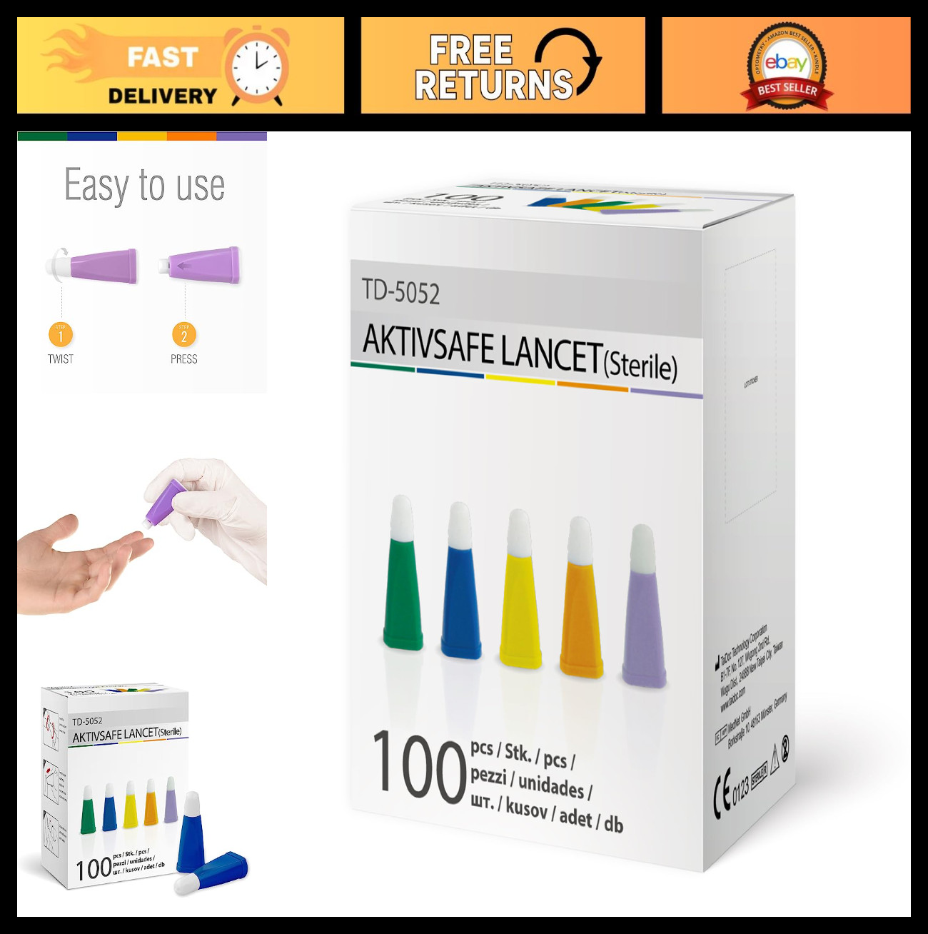 Safety Lancets 30G 1.6mm - Box of 100, Blood Glucose Testing, Easy Use