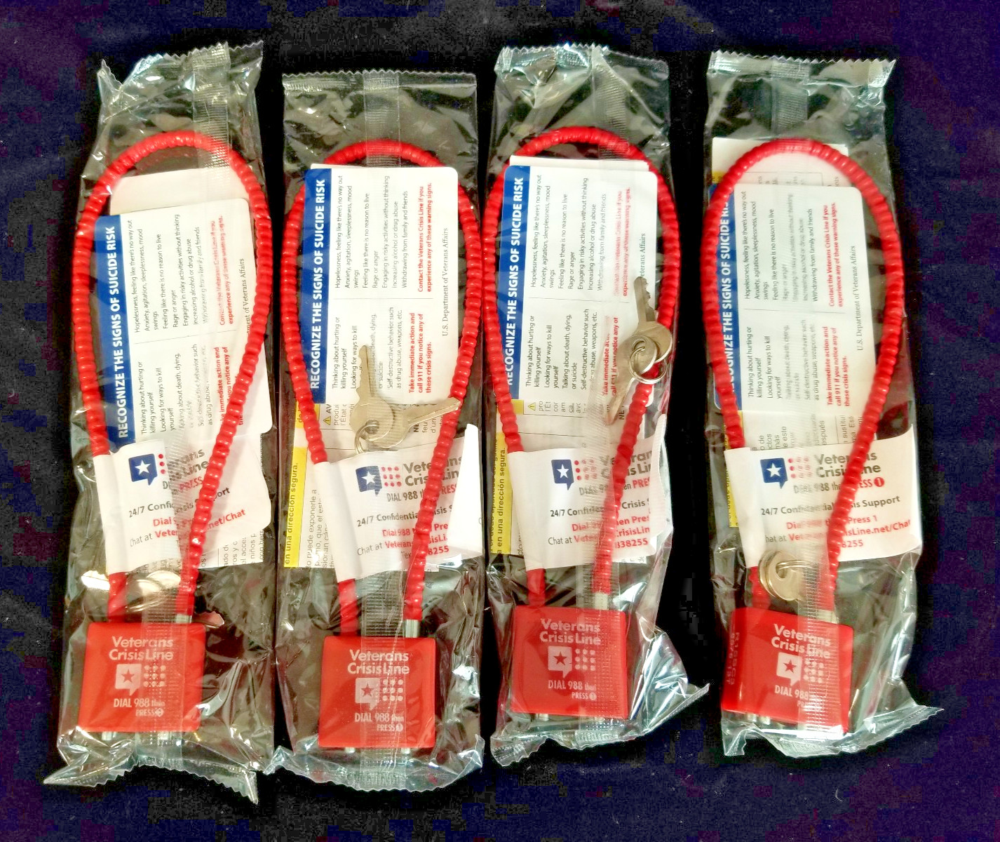 Set of 4 - Veterans Crisis Line Gun Locks with 2 Keys - Red - Brand New