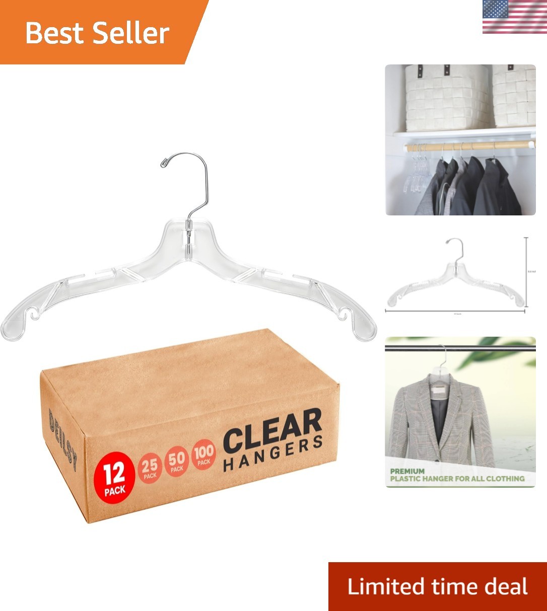 Clear Plastic Hangers 12 Pack Durable Clothes Hanger for Wardrobe Organizatio...