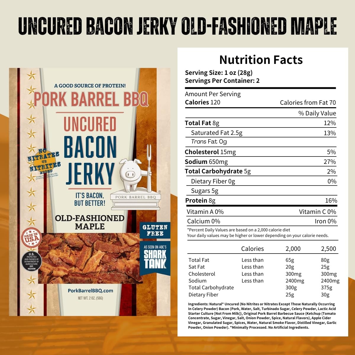 Pork Barrel BBQ Uncured Bacon Jerky Old-Fashioned Maple Sweet Maple Brown