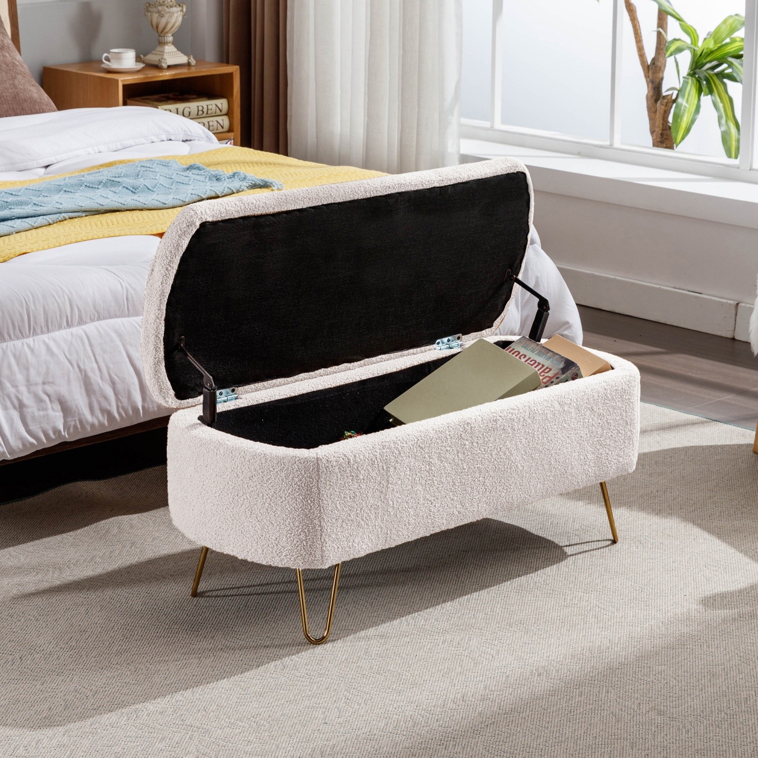 Faux Fur Ottoman w/ Storage Modern Bench for End of Bed Footstools Ivory US