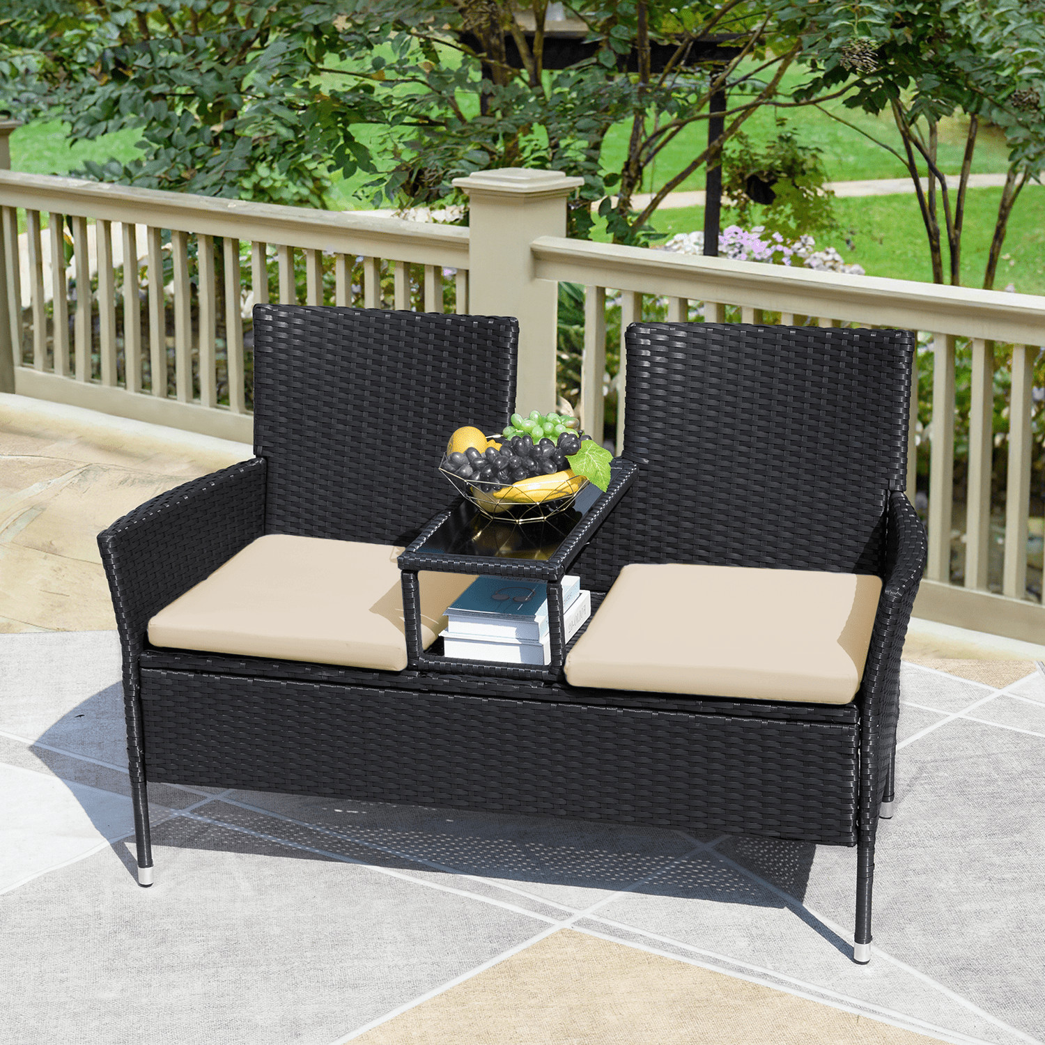 Outdoor Patio Loveseat Modern Rattan Patio Conversation Furniture Set Beige ﻿