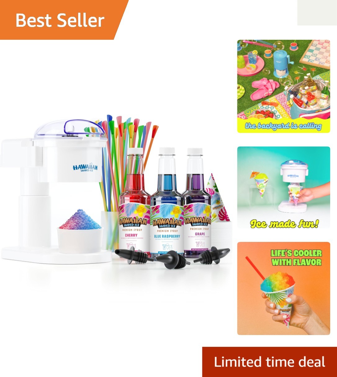 S700 Electric Snow Cone Maker with Cherry, Grape, Blue Raspberry Syrups & Cups