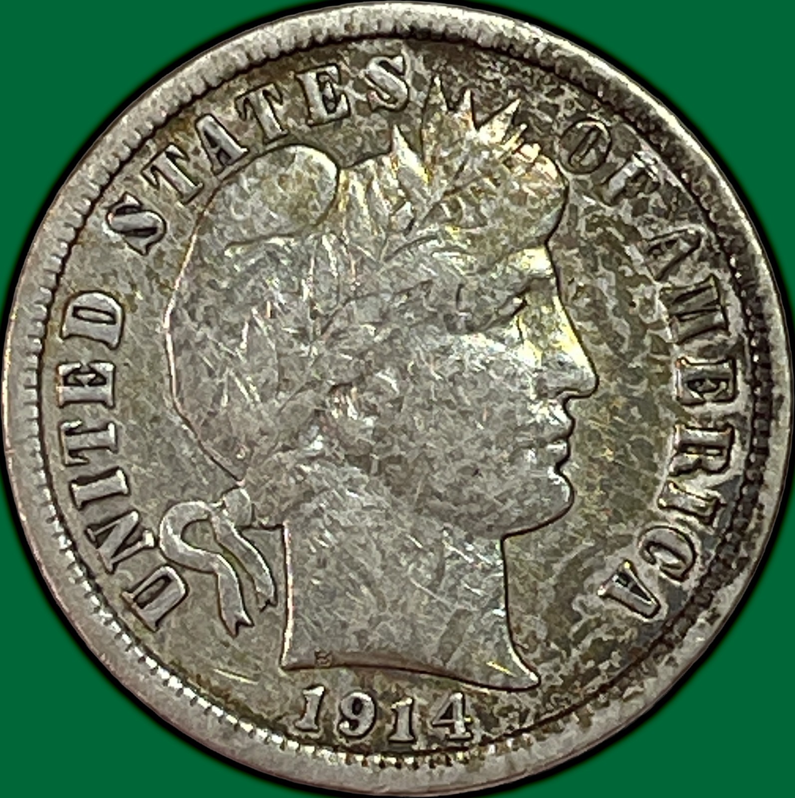 1914-D Barber Dime Choice Very Fine VF+/XF Coin, Cleaning #36600
