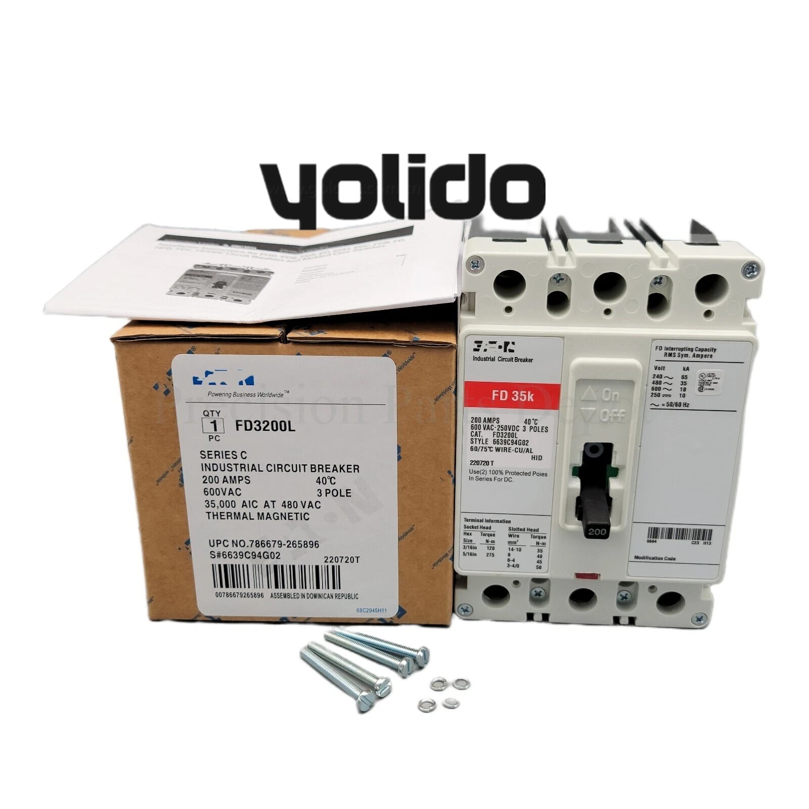 Industrial Circuit Breaker FIT FD35K 200AMP 3 POLE CAT FD3200L Cutler Hammer