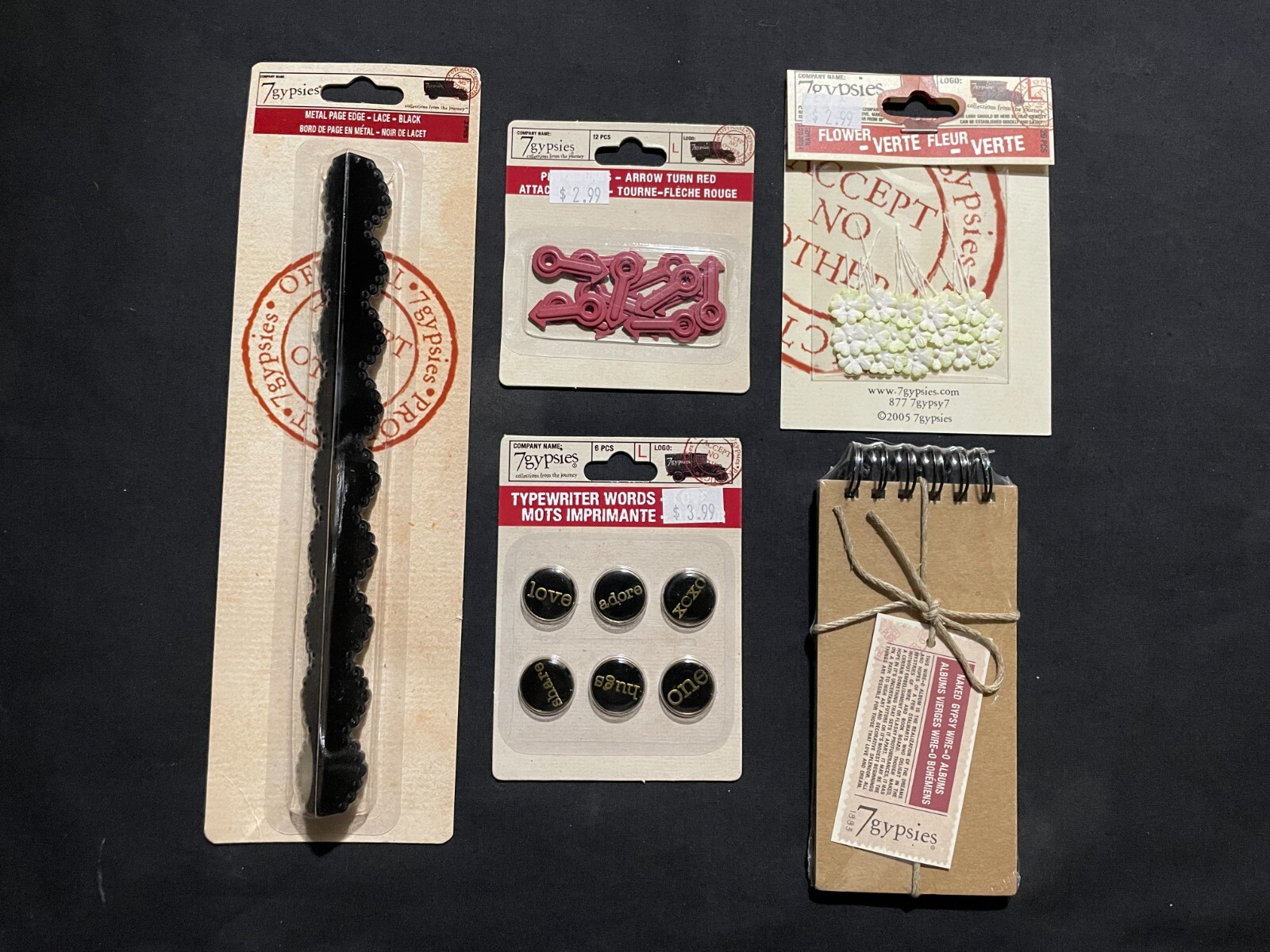 7 GYPSIES ASSORTED EMBELLISHMENTS - METAL, FLOWERS & JOURNAL