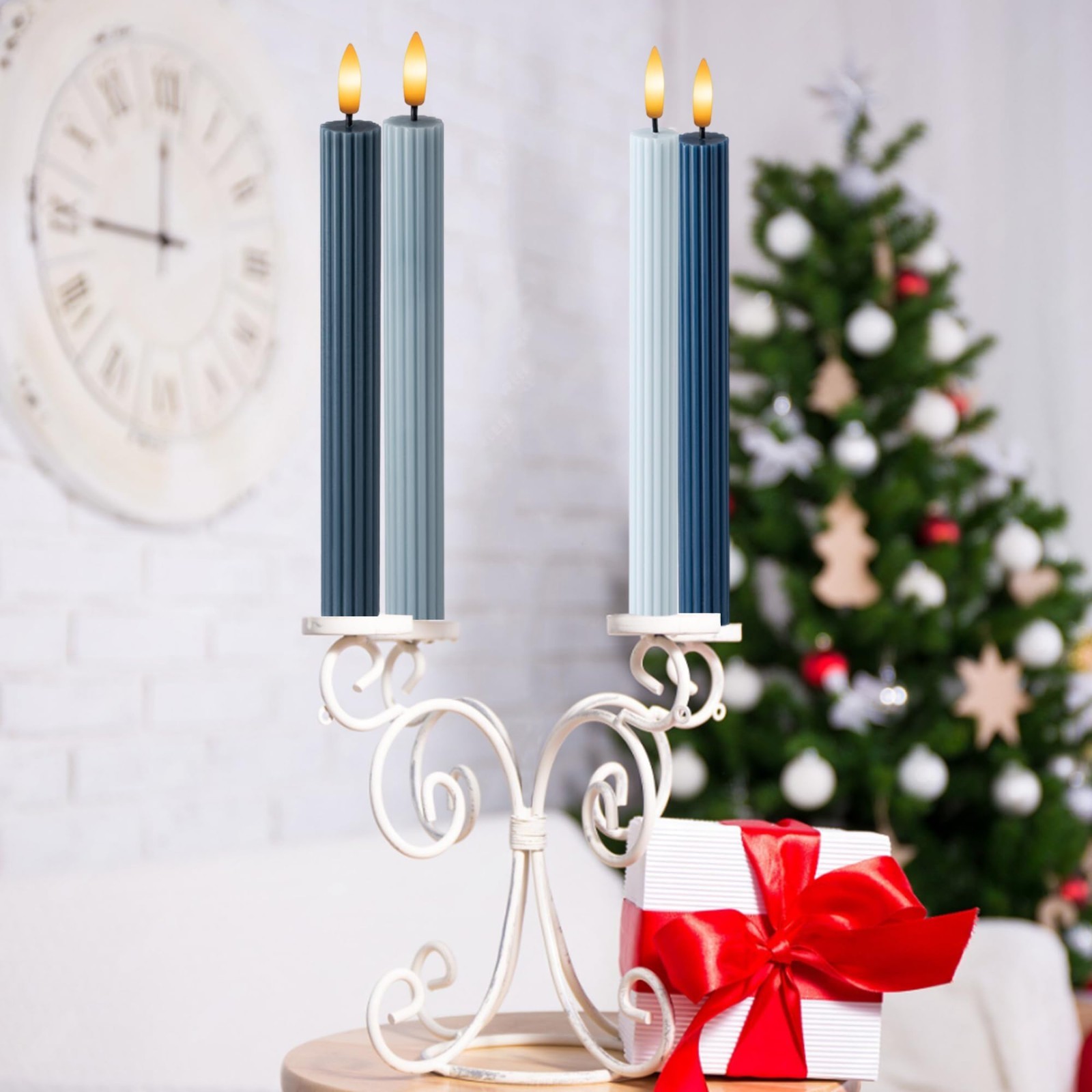 4 Pack 10" Overcast Blue LED Flameless Taper Candles with Remote & Timer