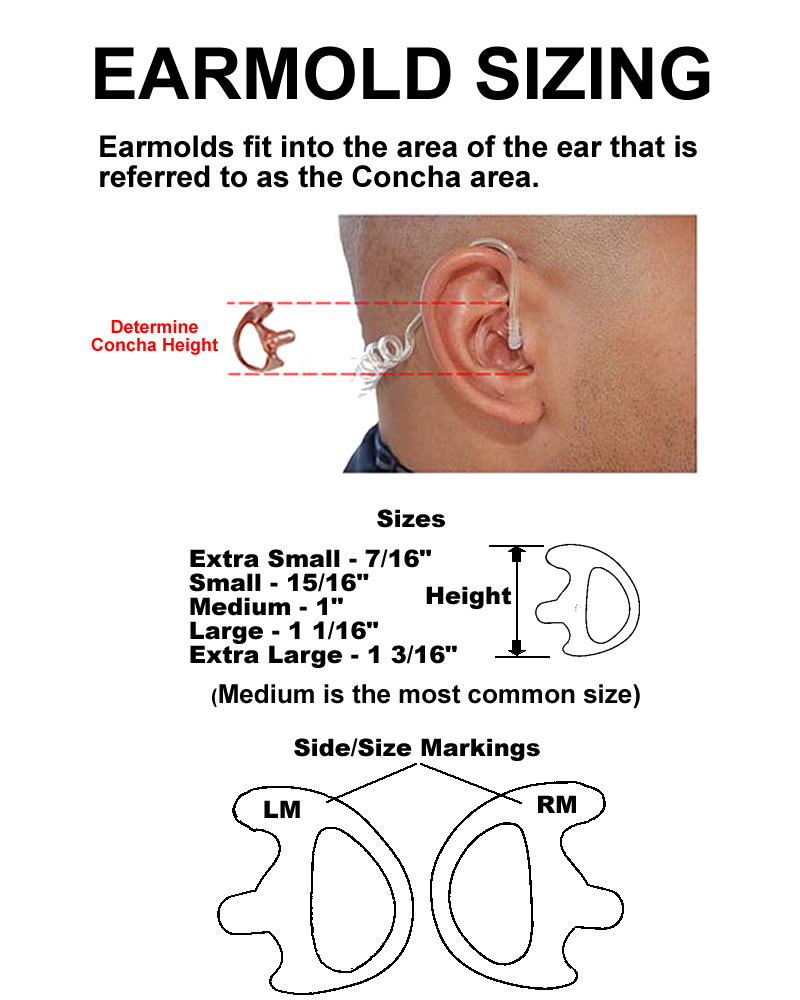 Black Replacement Large Earmold Earbud Left Side Two-Way Radio Audio 2 Pack