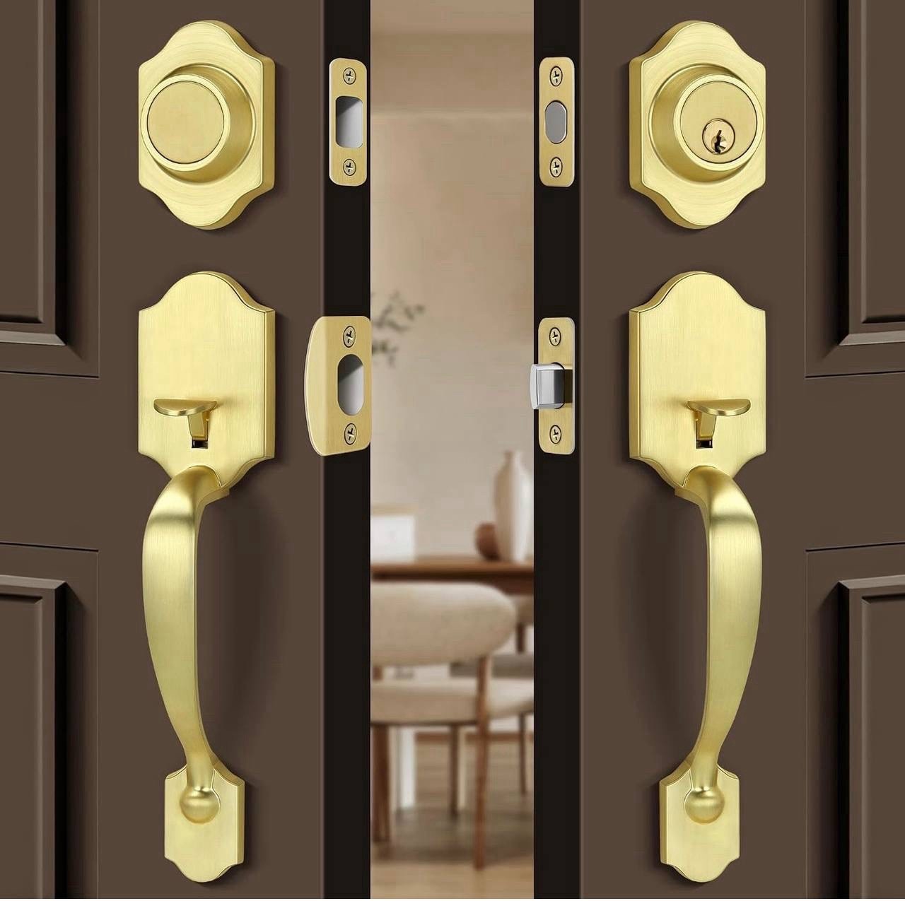 Double Door Handleset with Deadbolt Brushed Gold Satin Brass Entry Lock Set