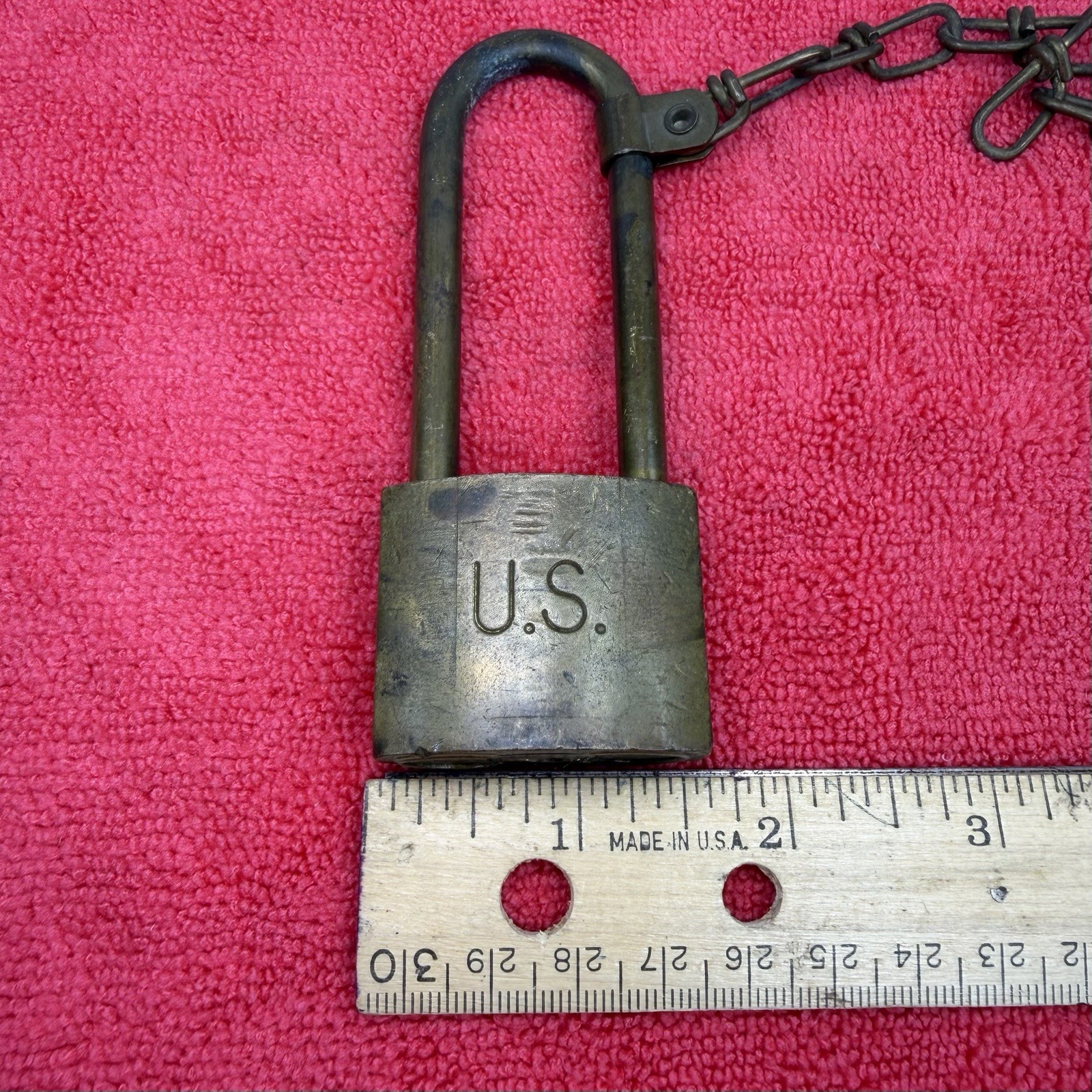 Vintage U.S. Military Brass Padlock , Chain & Key American Lock Co. USA 6460H