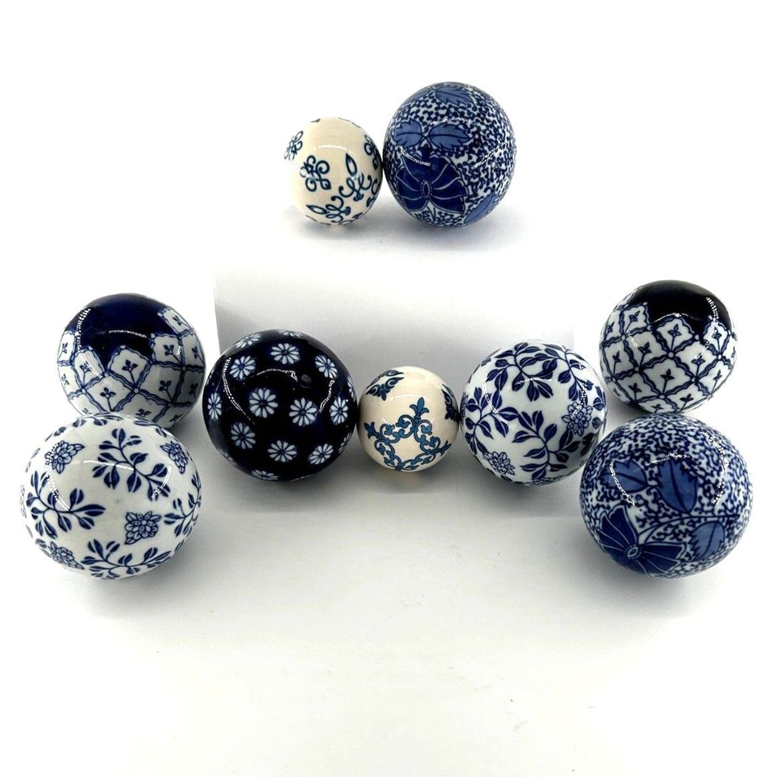 Ceramic Decor Globes, Blue & White Porcelain count 2-2" & 7-3" Total 9 Balls