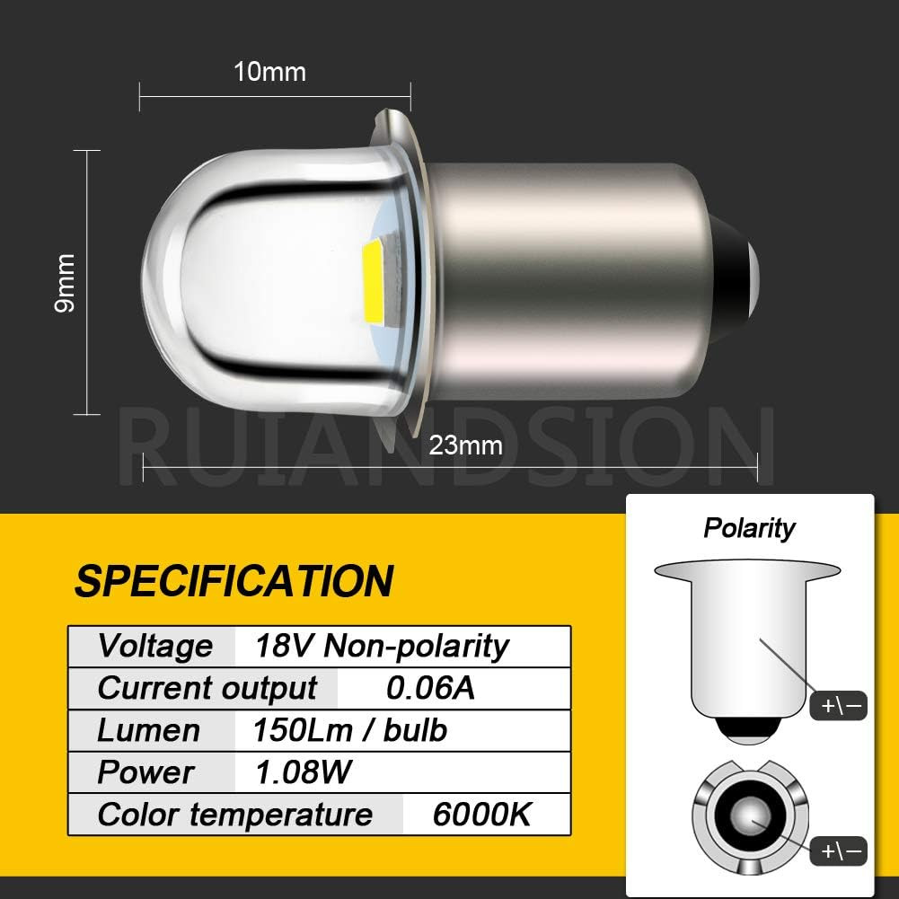 Upgrade LED Flashlight Bulb 18V P13.5S Base Socket White LED Bulbs Replacement f