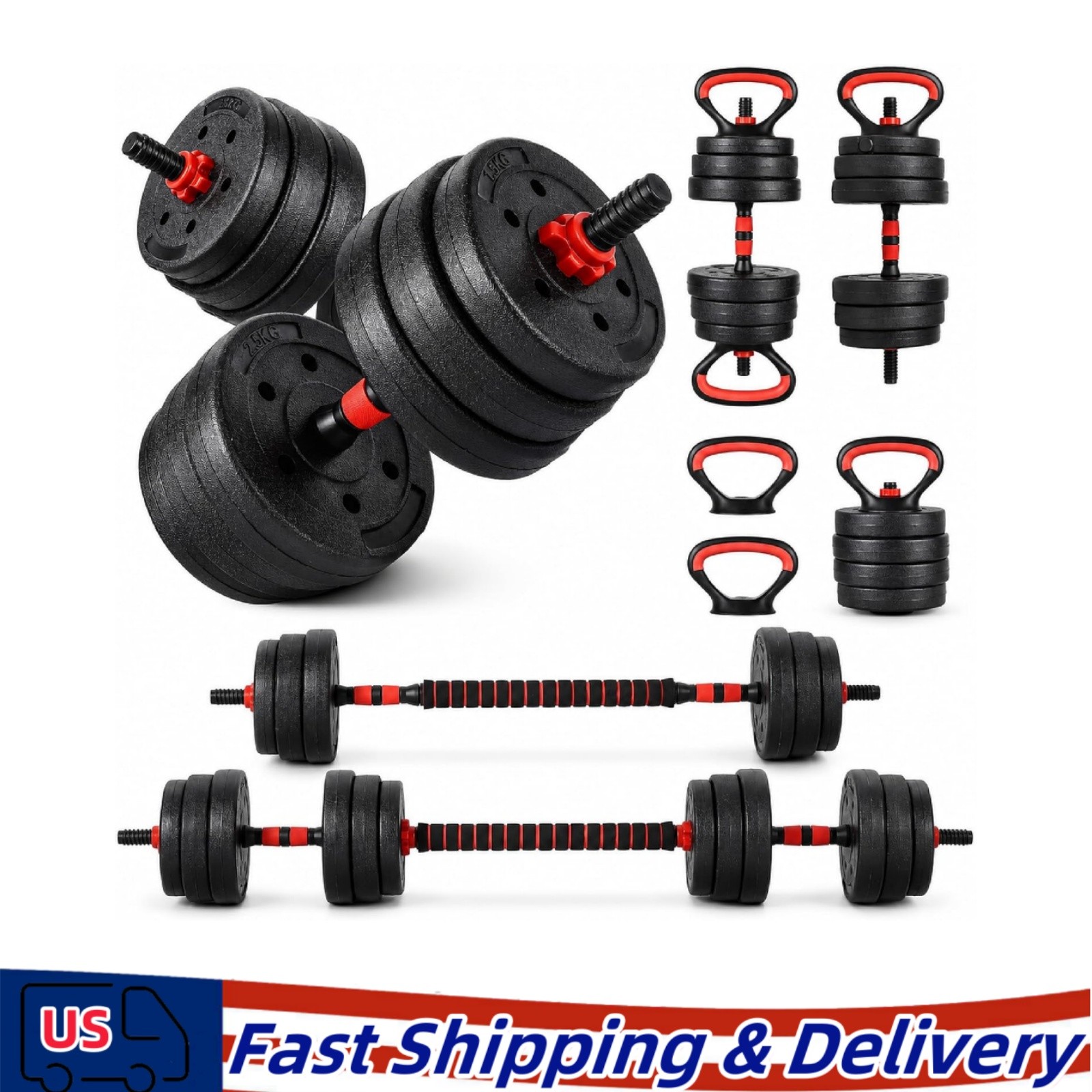 Adjustable 44lbs Dumbbell Set for Home Gym Barbell Kettlebell Push Stand