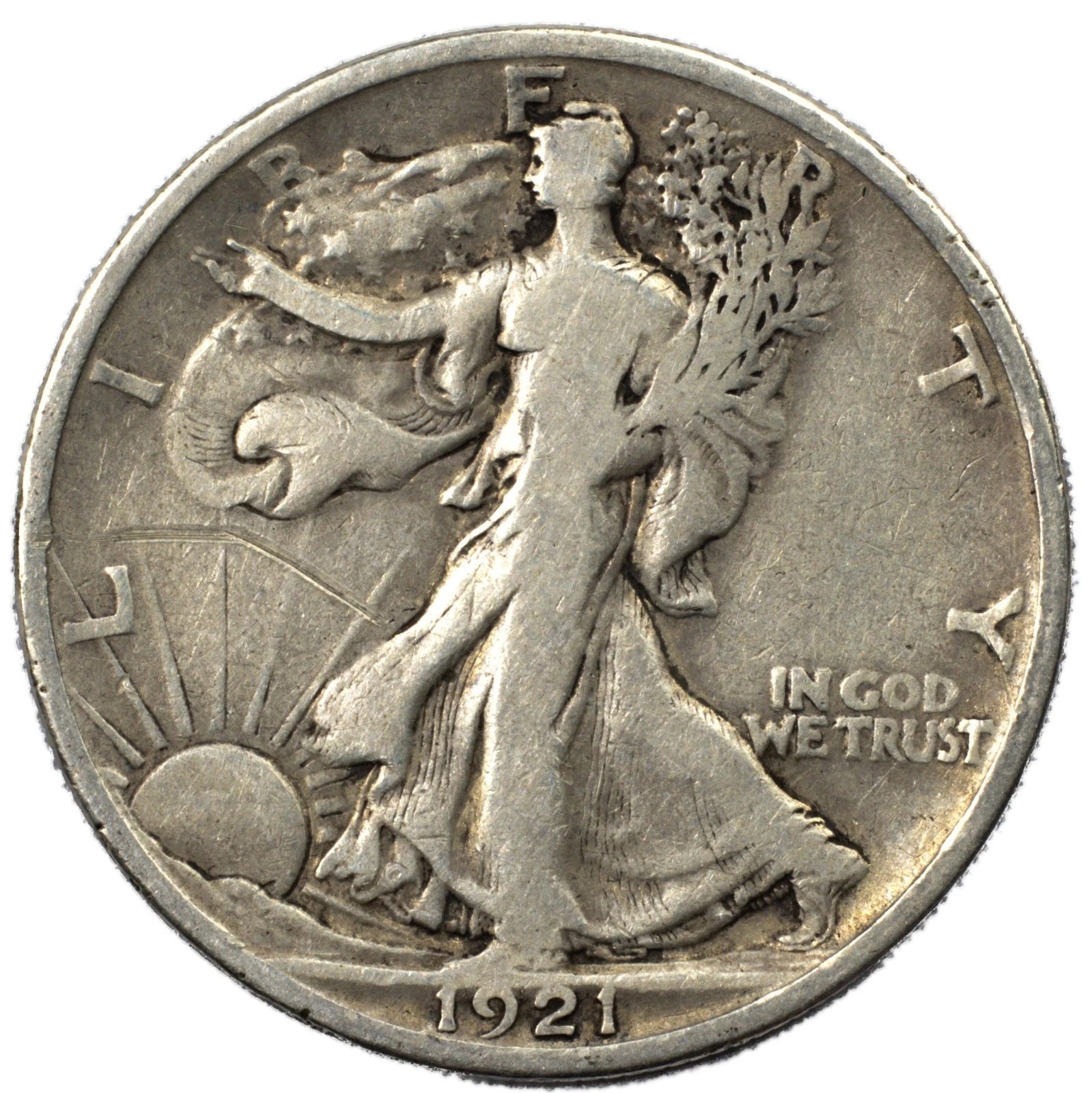 1921-S Walk Liberty Half Dol. San Francisco US Mint American Coin, Very Fine!