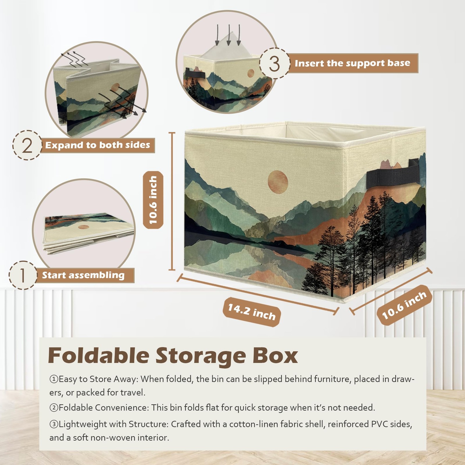 Boho Sun Mountain Forest Storage Box Bins, Mid Century Modern Abstract Boho C...