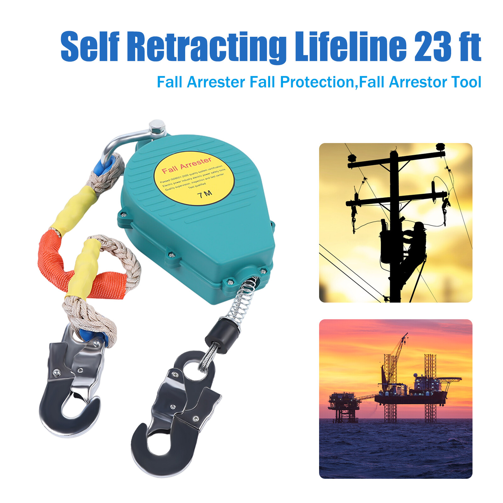 23ft Self Retracting Lifeline Lanyard Fall Arrester Protection+Hook Rope 330lbs