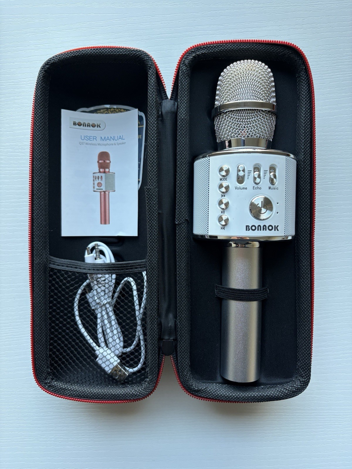 BONAOK Q37 Wireless Karaoke Microphone Silver with Case & Charging Cable