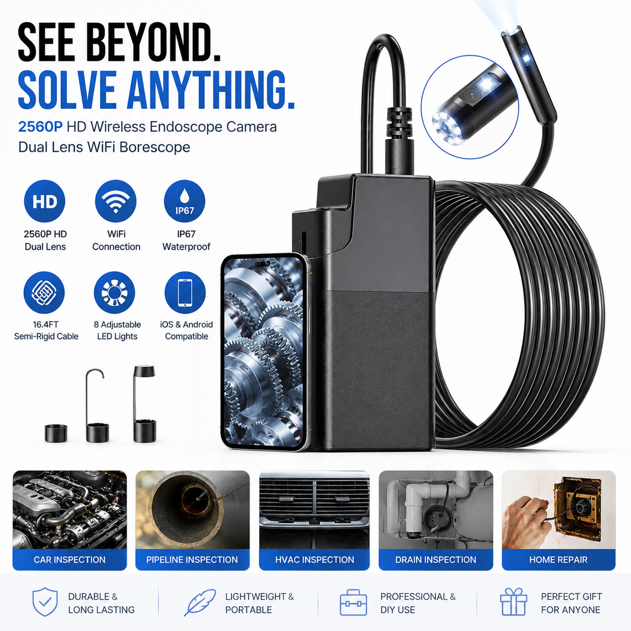 2560P HD Wireless Endoscope Camera Dual Lens WiFi Borescope 16.4FT IP67