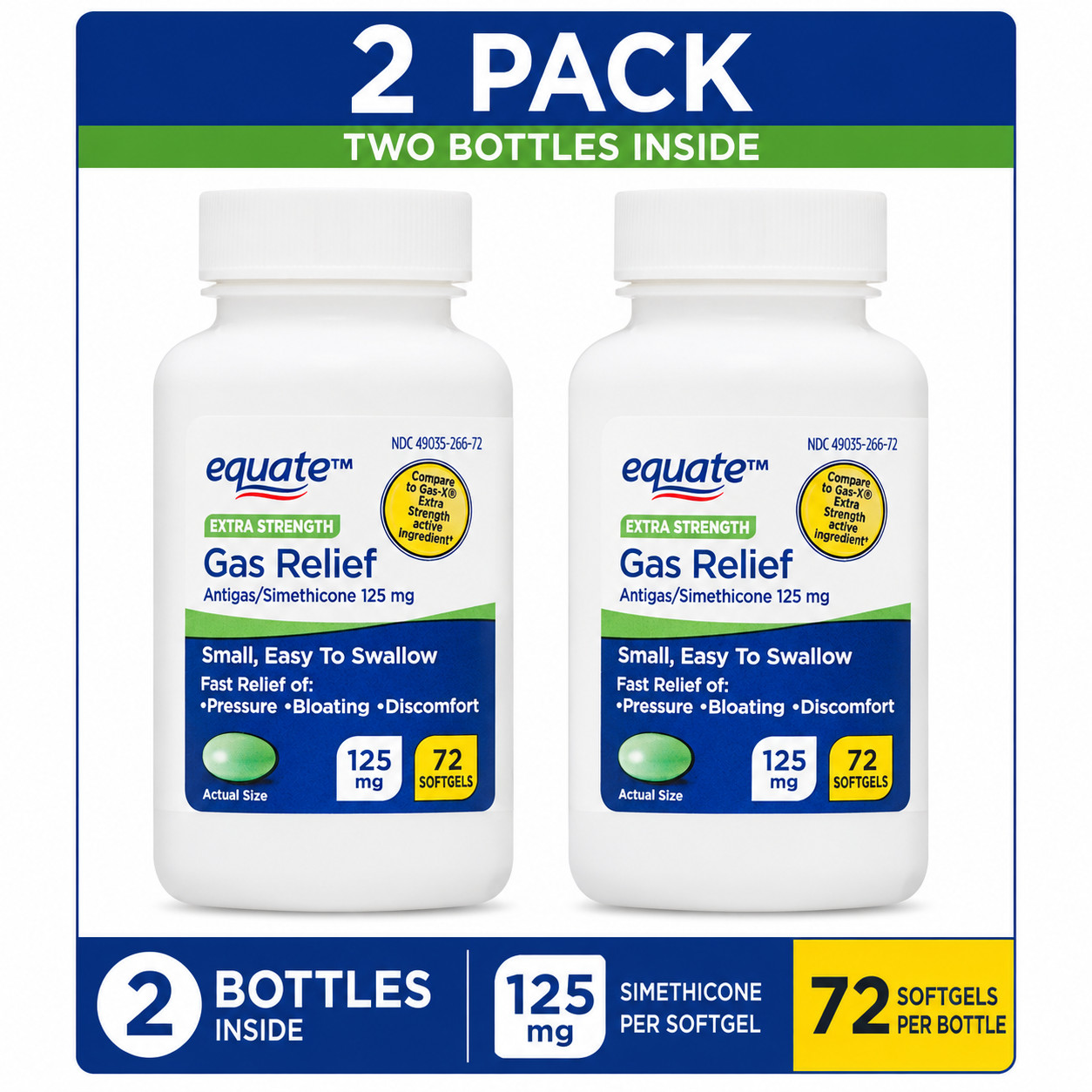 Equate Gas Relief Extra Strength 125mg Simethicone 72 Softgels , (2  Pack)