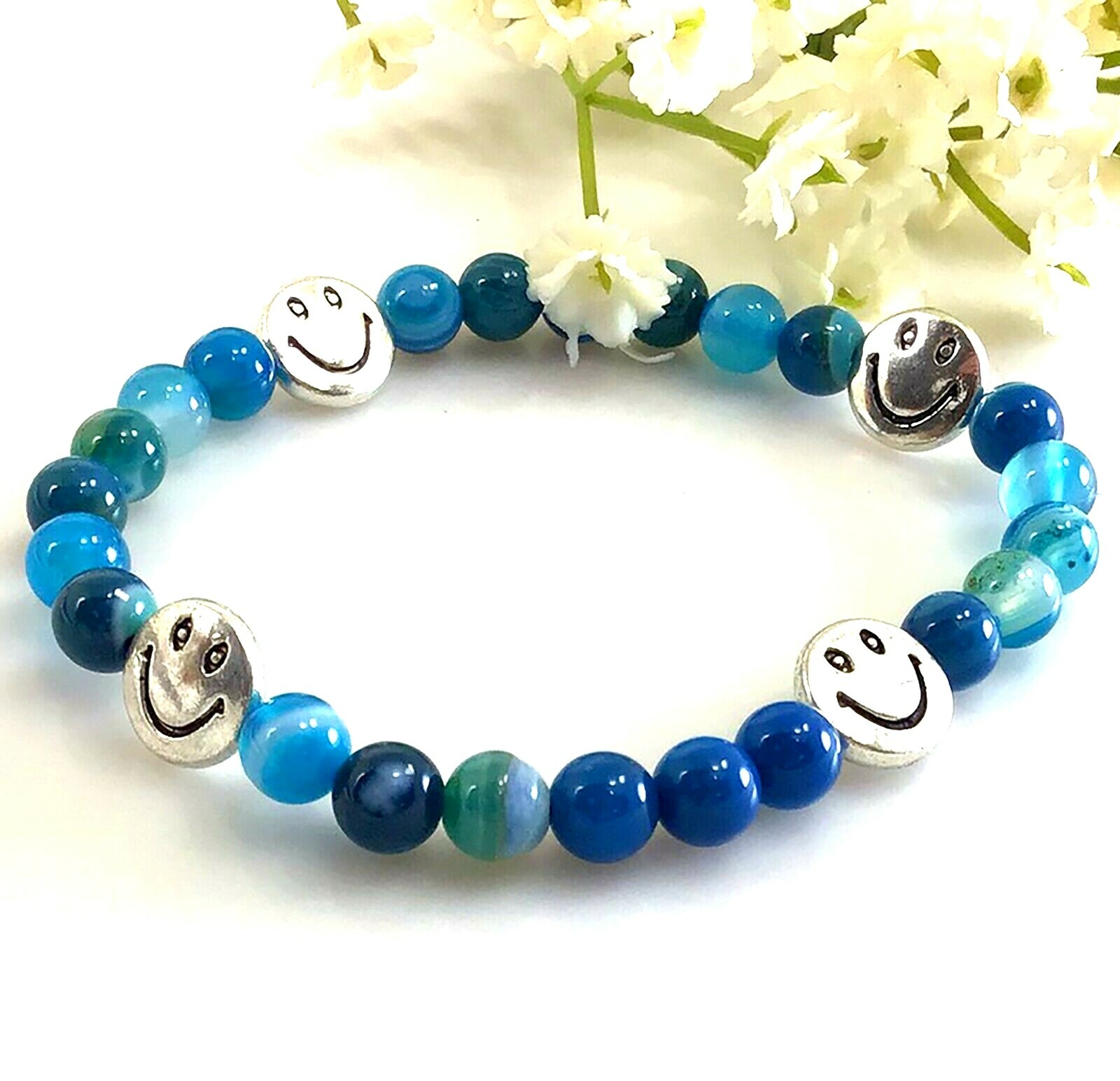 Blue agate round beaded gemstone bracelet with smiley pendant healing gemstone