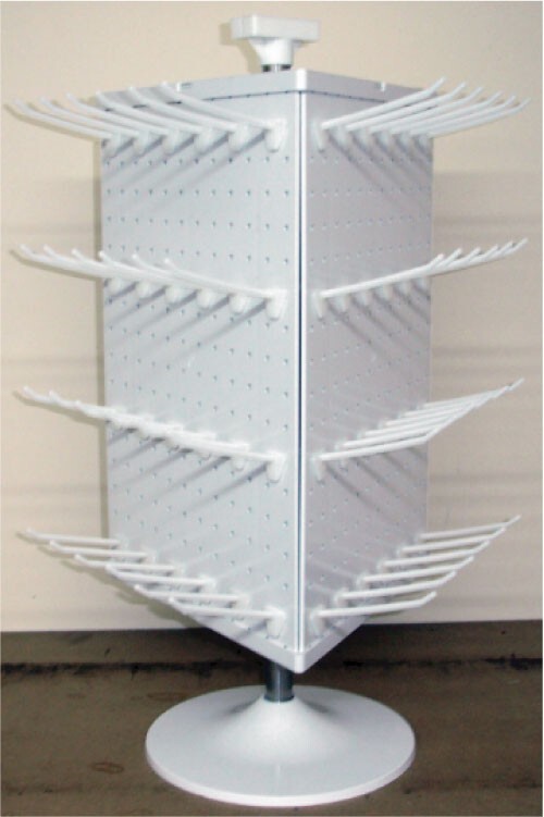 3 Sided White Counter Top Peg Board Spinner Rack Display with Hooks