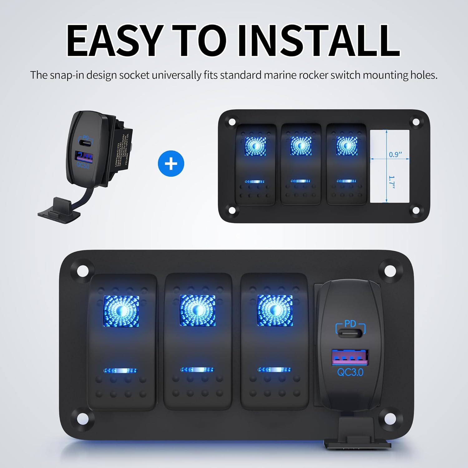 USB Rocker Switch 12V Waterproof USB C & QC 3.0 Dual Ports Outlet PD Charger Soc