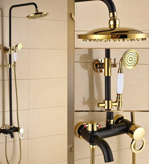 Black & Gold Brass Wall Bathroom Rainfall Shower Faucet Set with Tub Taps 2rs910