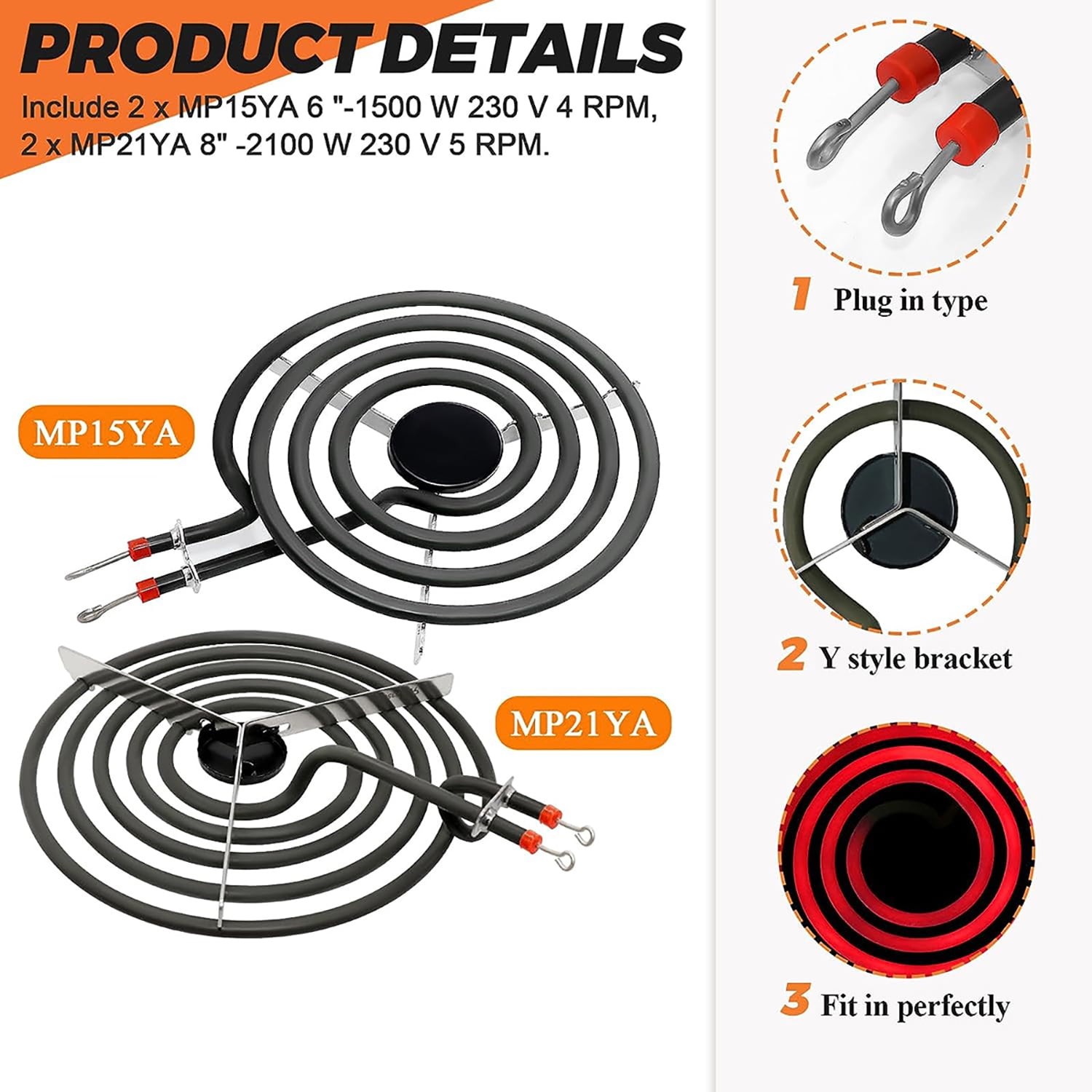 MP22YA Electric Range Burner Element Set with Drip Pans For Whirpool Frigidaire