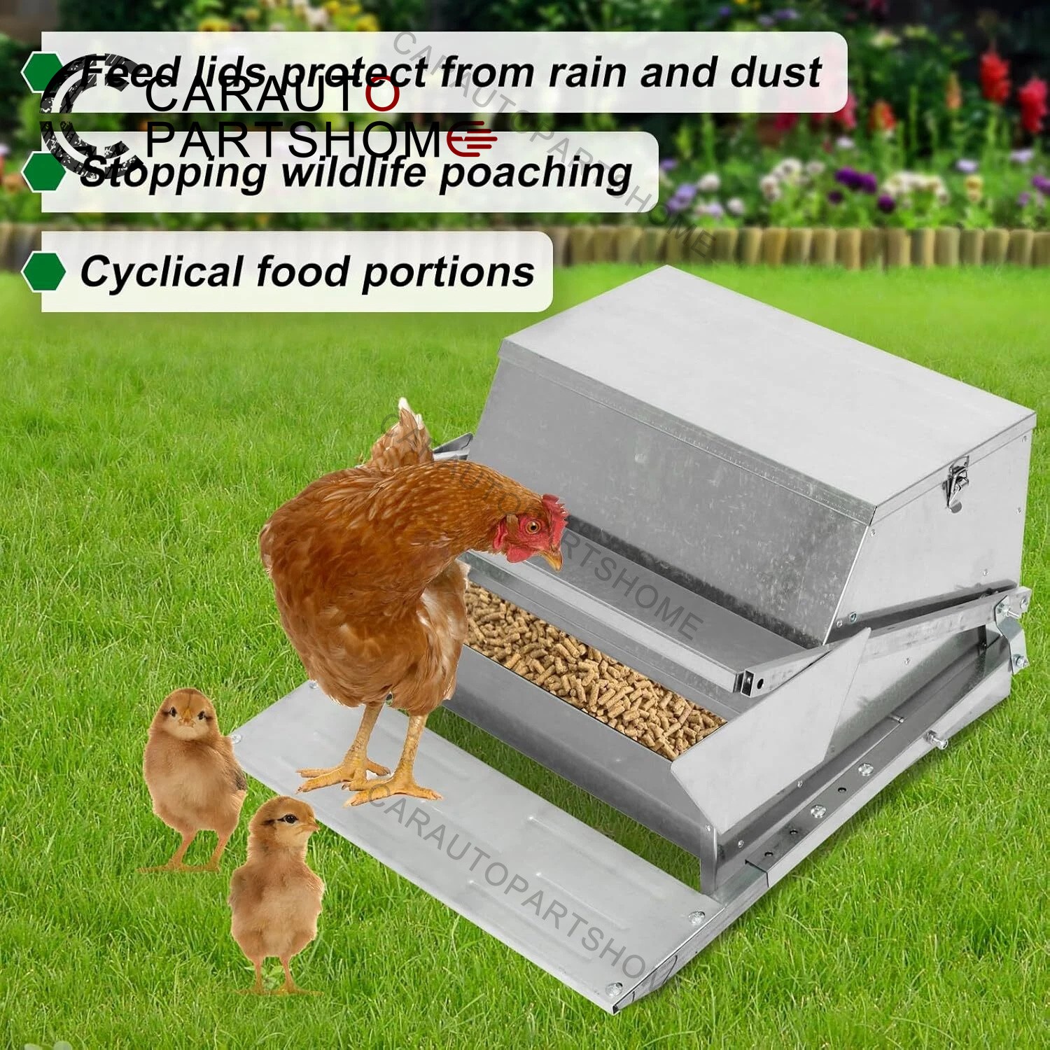 Large Automatic Chicken Feeder Box 20 lbs Galvanized Metal Feed Chicken Feeder