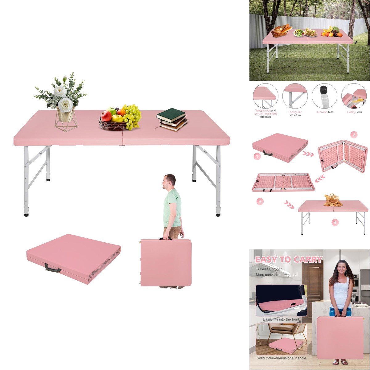 LSKSSNG Portable 4Ft Folding Table, Heavy Duty Plastic Fold-in-Half Utility