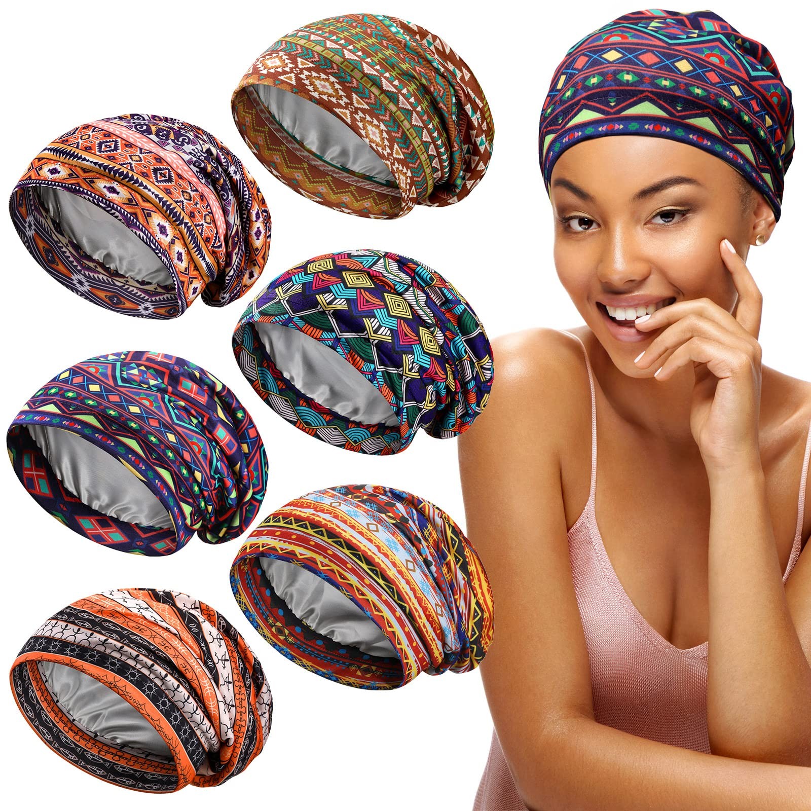6 Pcs Satin Lined Bonnet Sleep Cap for Women Men African Silk Soft Beanie Hai...