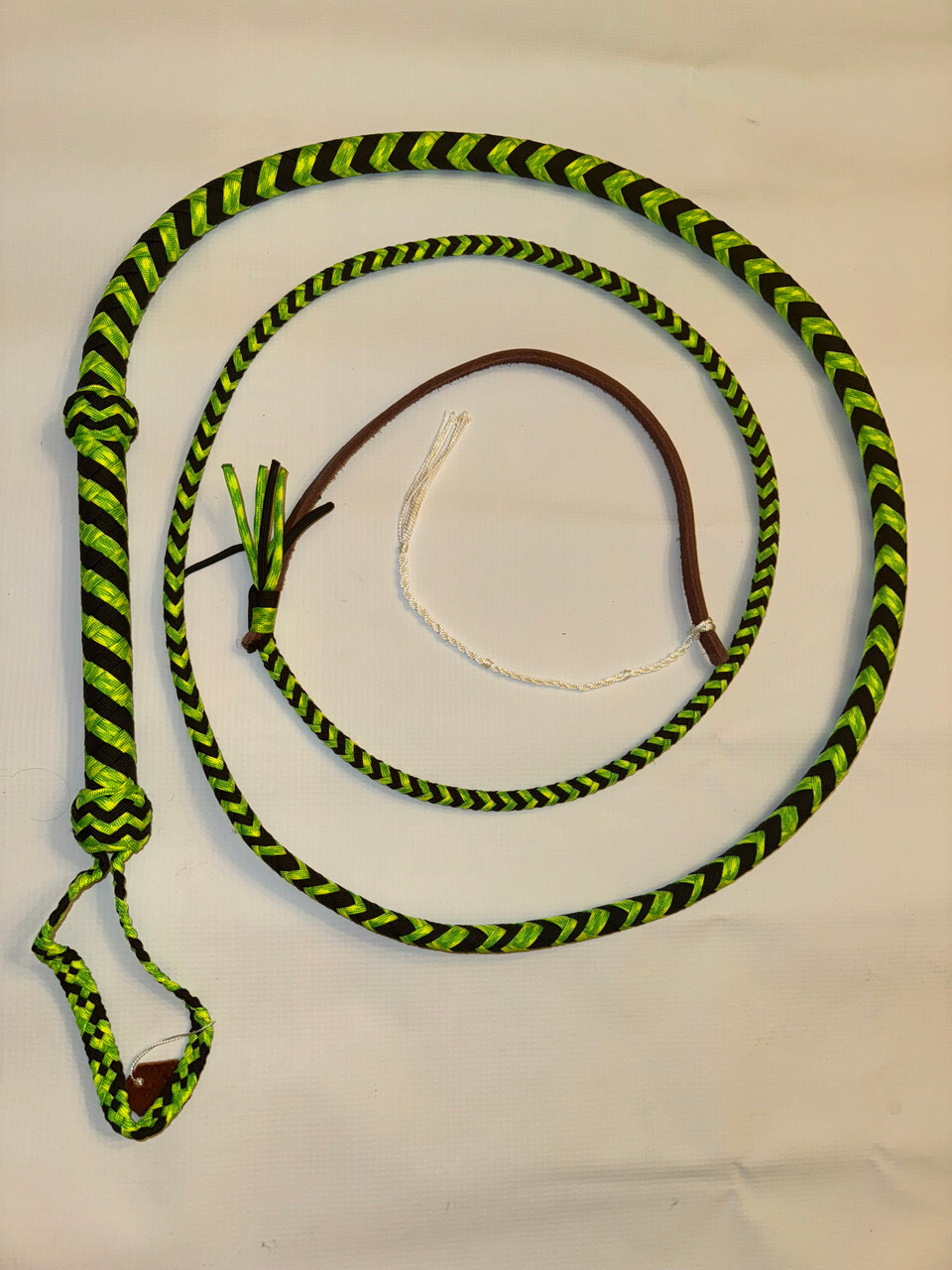 Bull Whip - Black & Neon Green Mix Paracord Nylon on Leather 16 Ply -  4ft Handm
