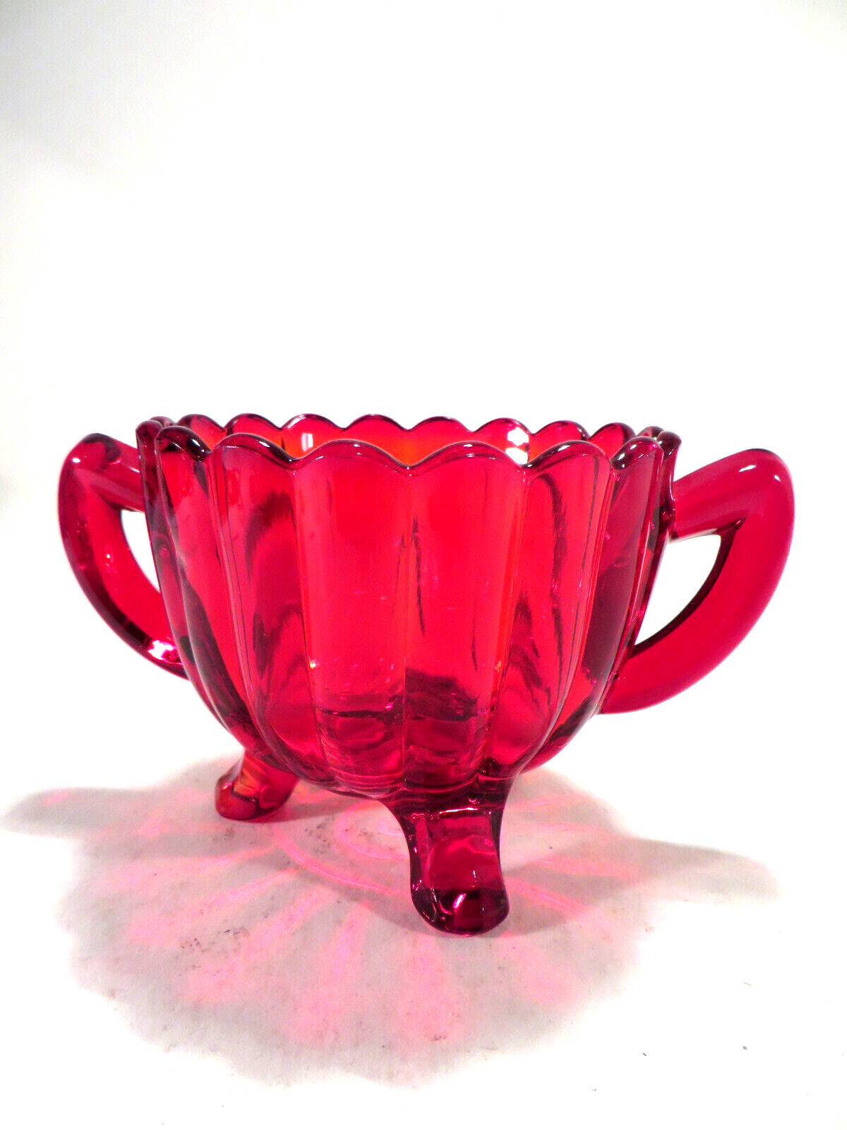 Ruby Red Trinket Candy Dish w/Handles Ribbed w/Feet Small 3.5"