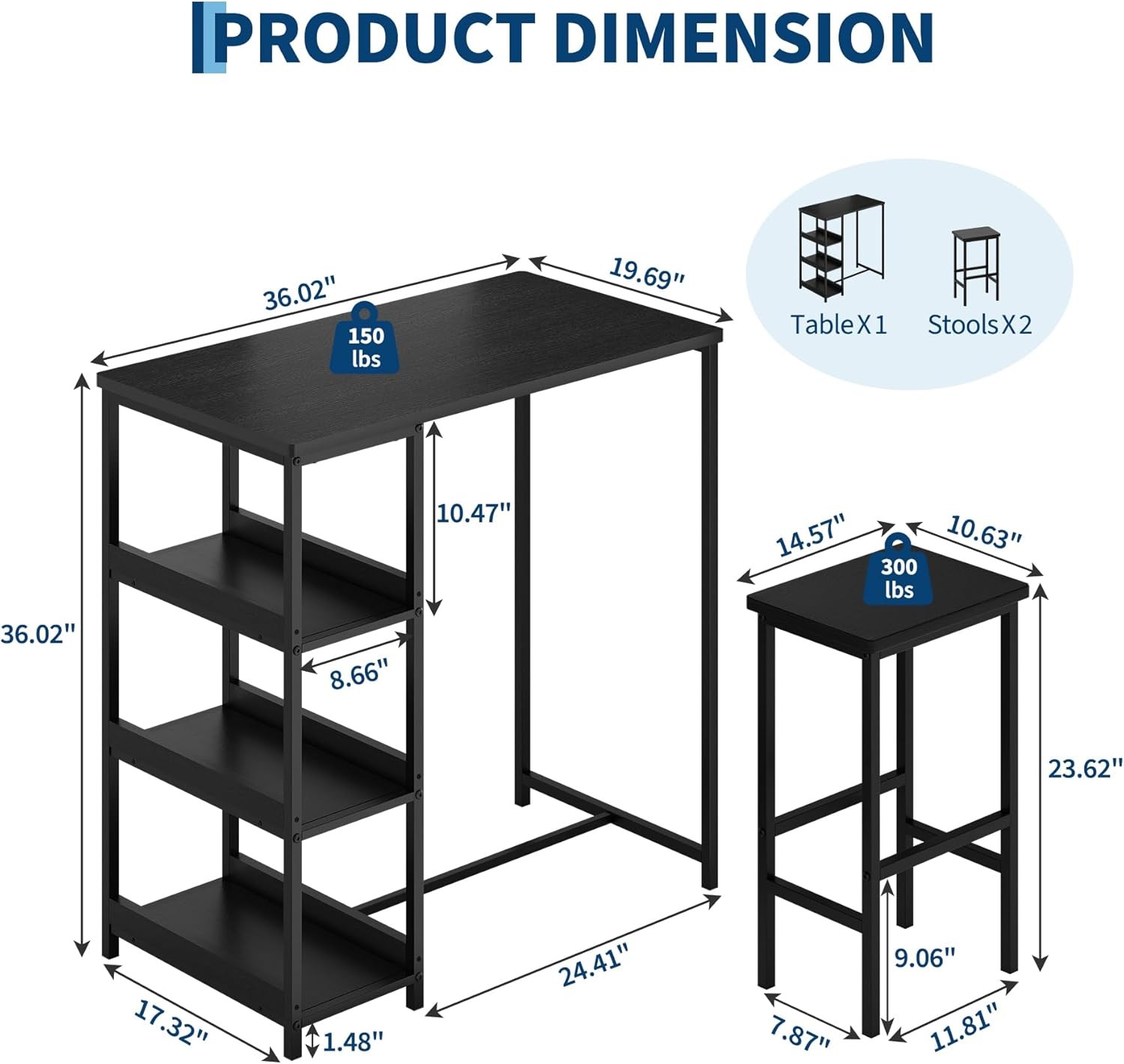 3-Piece Kitchen Table Set with Storage Shelves & 2 Bar Stools for Small Spaces