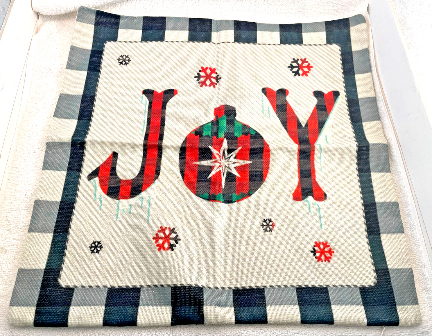 Christmas Throw Pillow Cover Checkered JOY COVER ONLY 17x17 Zip