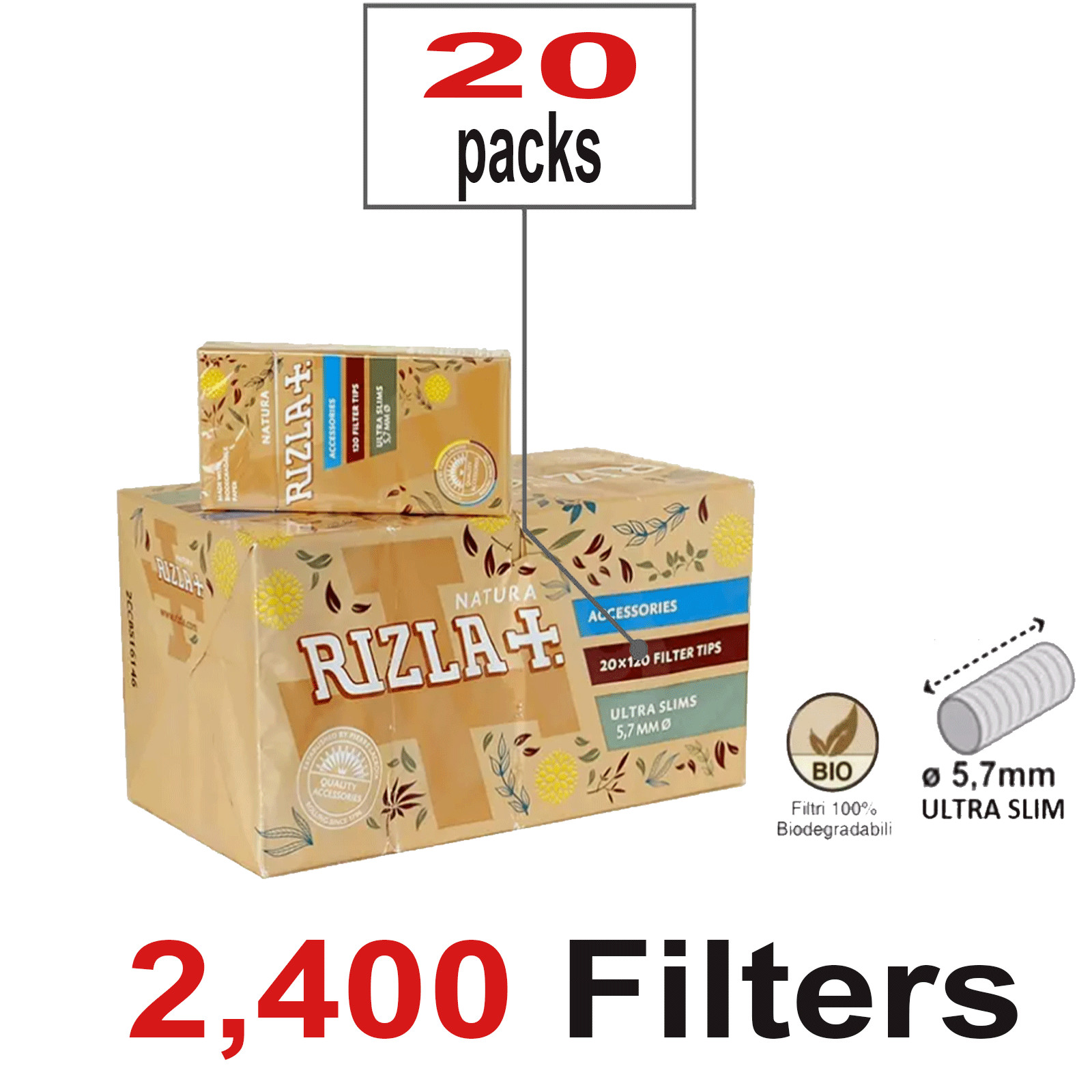 Filtri Rizla Natura POP Ultra Slim 5,7mm in Stick | da 20 Astucci 2400 Pezzi