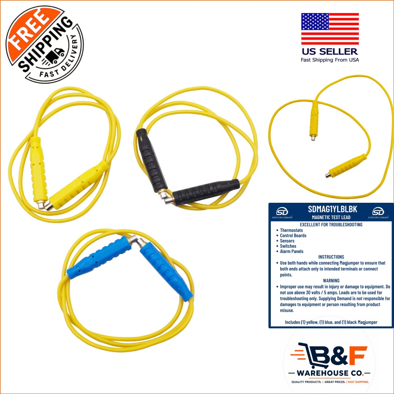 Magjumper Magnetic  Lead Set: 3 Pack, 20 Inch, 30 VAC - Yellow, Blue & Black