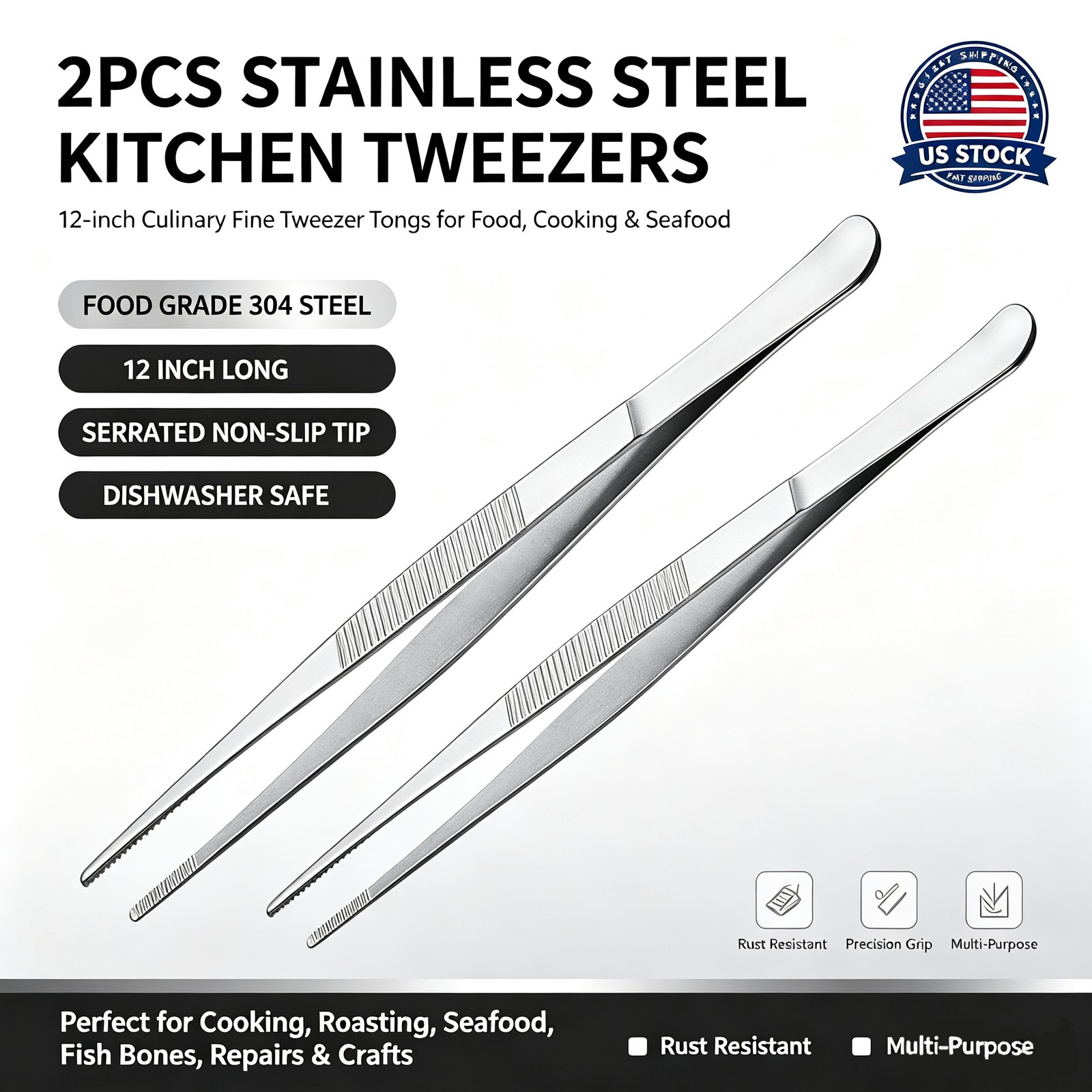 2Pcs 12-Inch Stainless Steel Kitchen Tweezers, Fine Tongs for Cooking & Plating