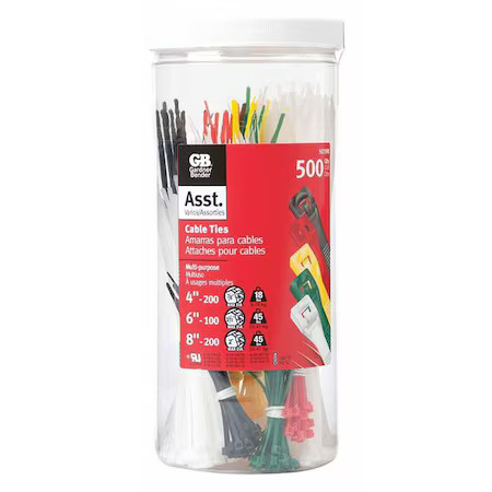 Gardner Bender 50398 Cable Tie Assortment, 4 In, 6 In, 8 In L, Black, Green,
