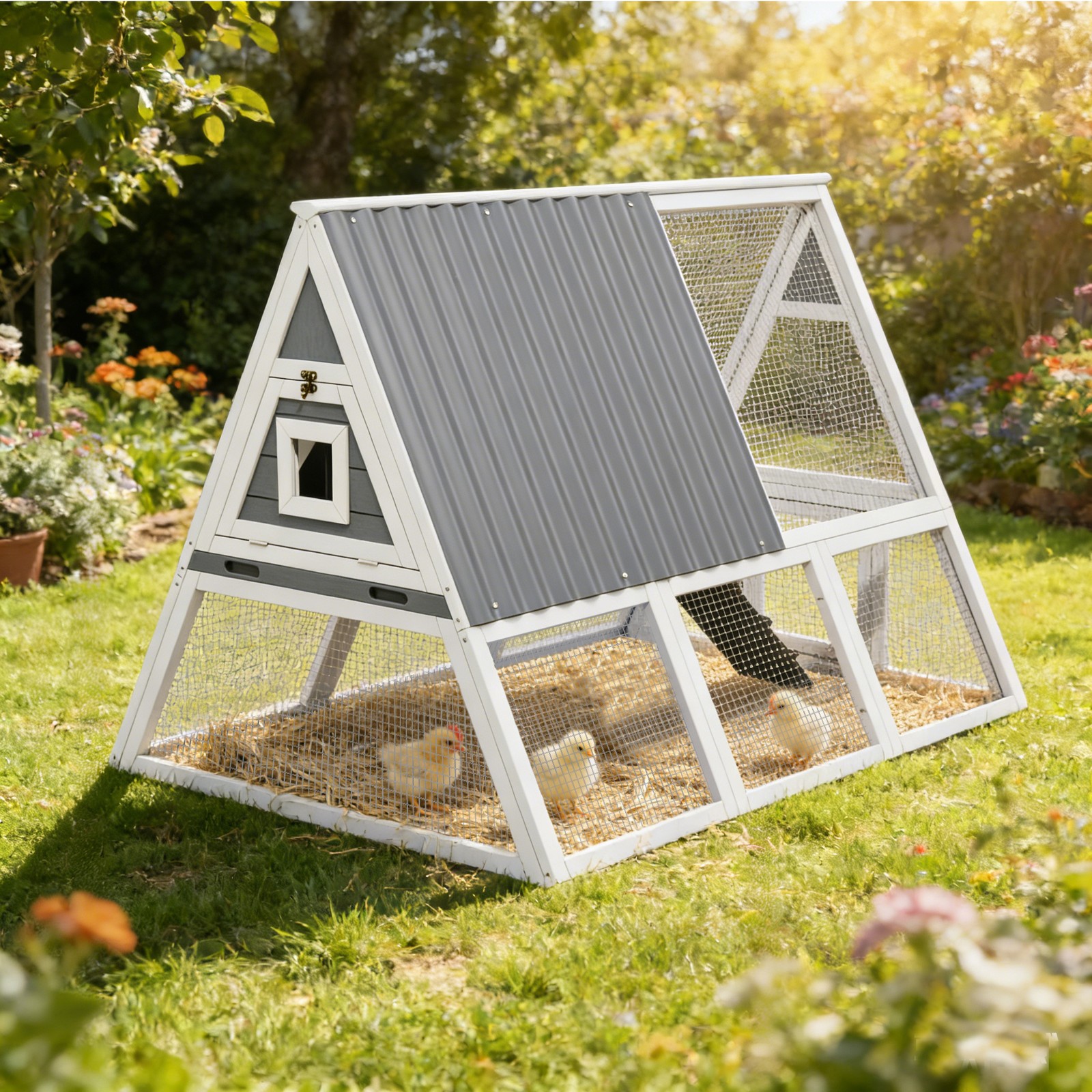 Wooden Chicken Coop & Rabbit Hutch - Indoor Outdoor Bunny Cage & Hen House
