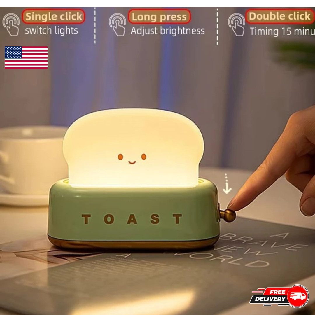 Toast Night Light USB Rechargeable Silicone Bread Lamp Cute Bedside Kids Gift
