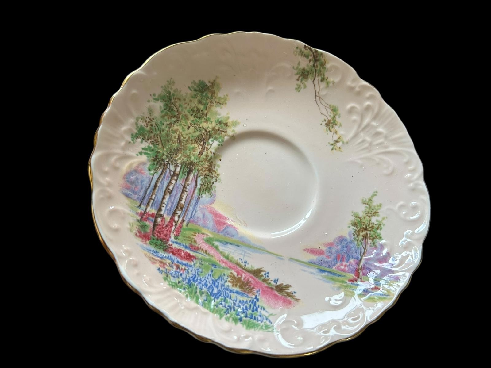 Vintage Porcelain Tea Cup/Saucer Set w Scenic Tree Design Aynsley Bluebell Time