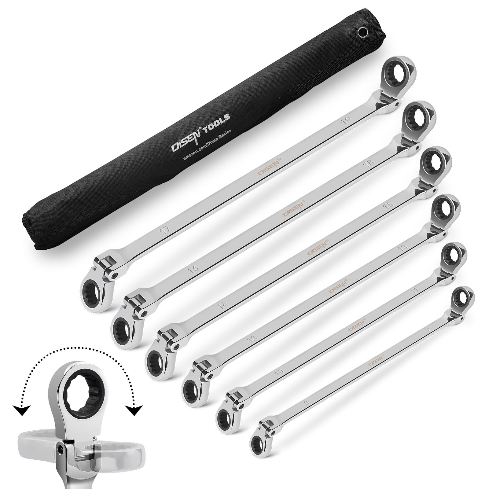Ratcheting Wrench Set 6Pcs 8-19mm CRV Steel Extra Long Flex Head with Pouch