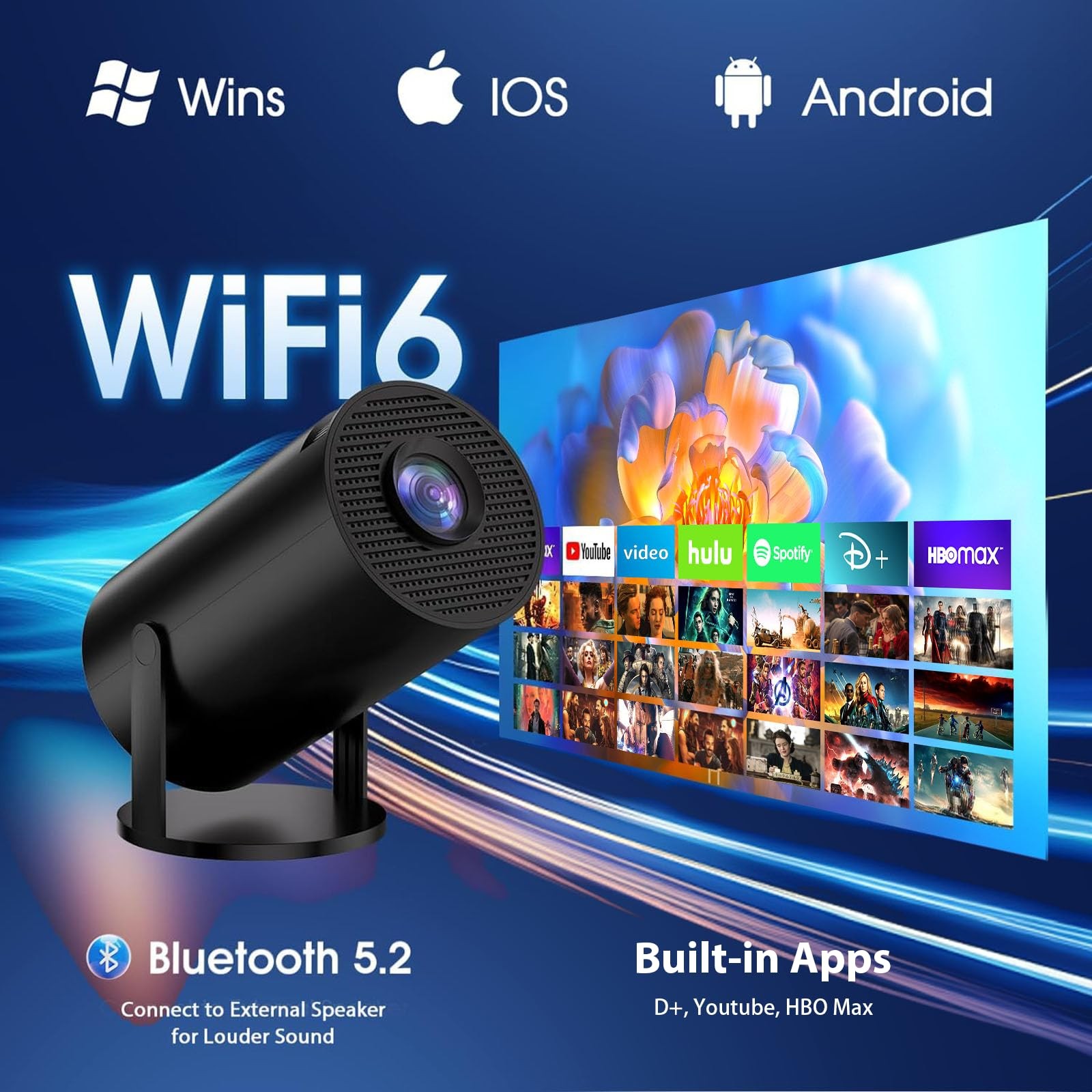 Mini Projector Support 4K 1080P FHD Portable Projector Builtin App