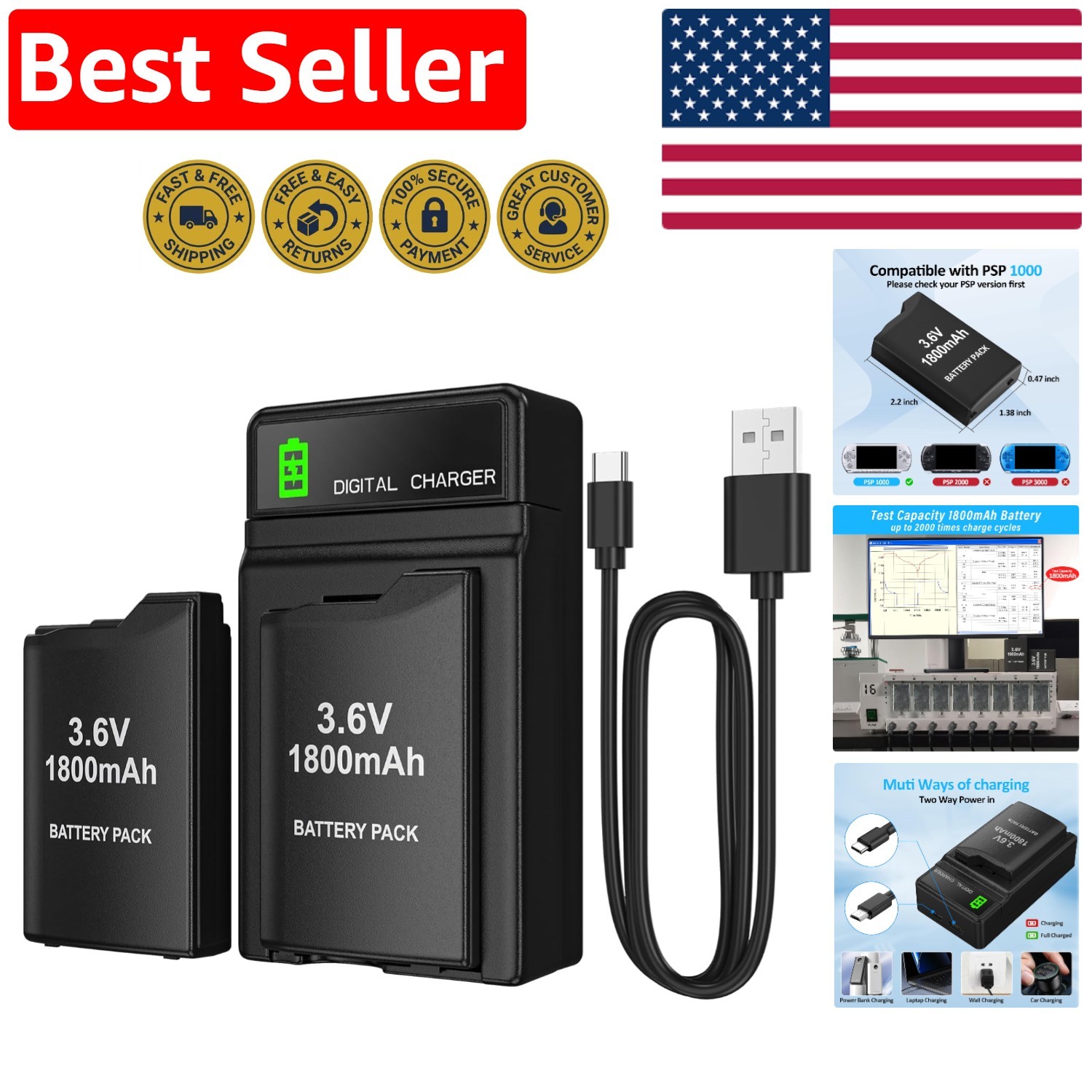 Enhanced 1800mAh Lithium Polymer PSP Battery Pack with Charger for Seamless Play
