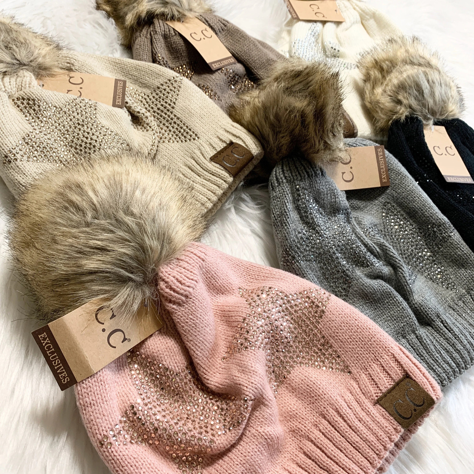 C.C Sparkly Star Pom Beanies Adults, Winter Hats, Premium Hats, Warm Cozy Hats