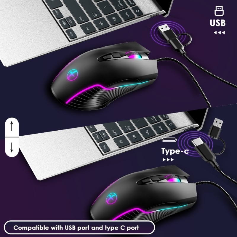 Ergonomic Corded Opticaled Mouse USB C A Color Lighting Computer Jiggler 7200DPI
